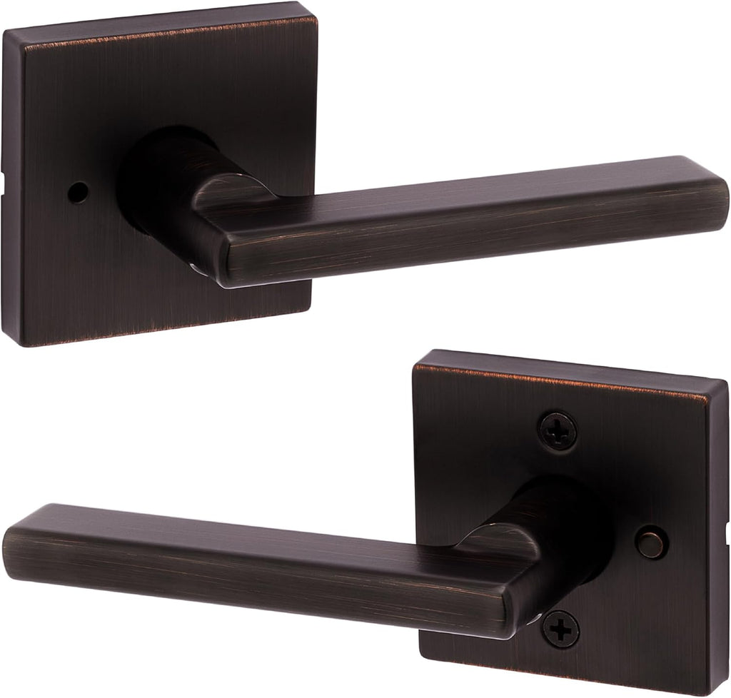 Kwikset Halifax Interior Privacy Door Handle with Lock, Door Lever For Bathroom and Bedroom, Venetian Bronze Reversible Keyless Push Button Lock Door Lever, with Microban Protection, Square Rose
