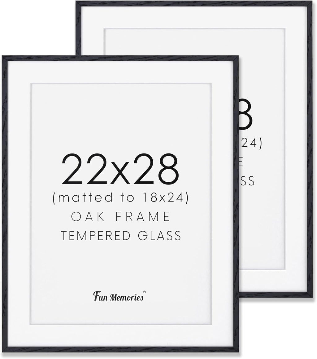 Fun Memories 22x28 Picture Frame Black 2 Pack, 22"x28" Oak Wood Frames for Wall, Rustic Poster Frames 22 x 28, 22x28 Matted Frame to 18x24, Tempered Real Glass, 22 by 28 Art Frame