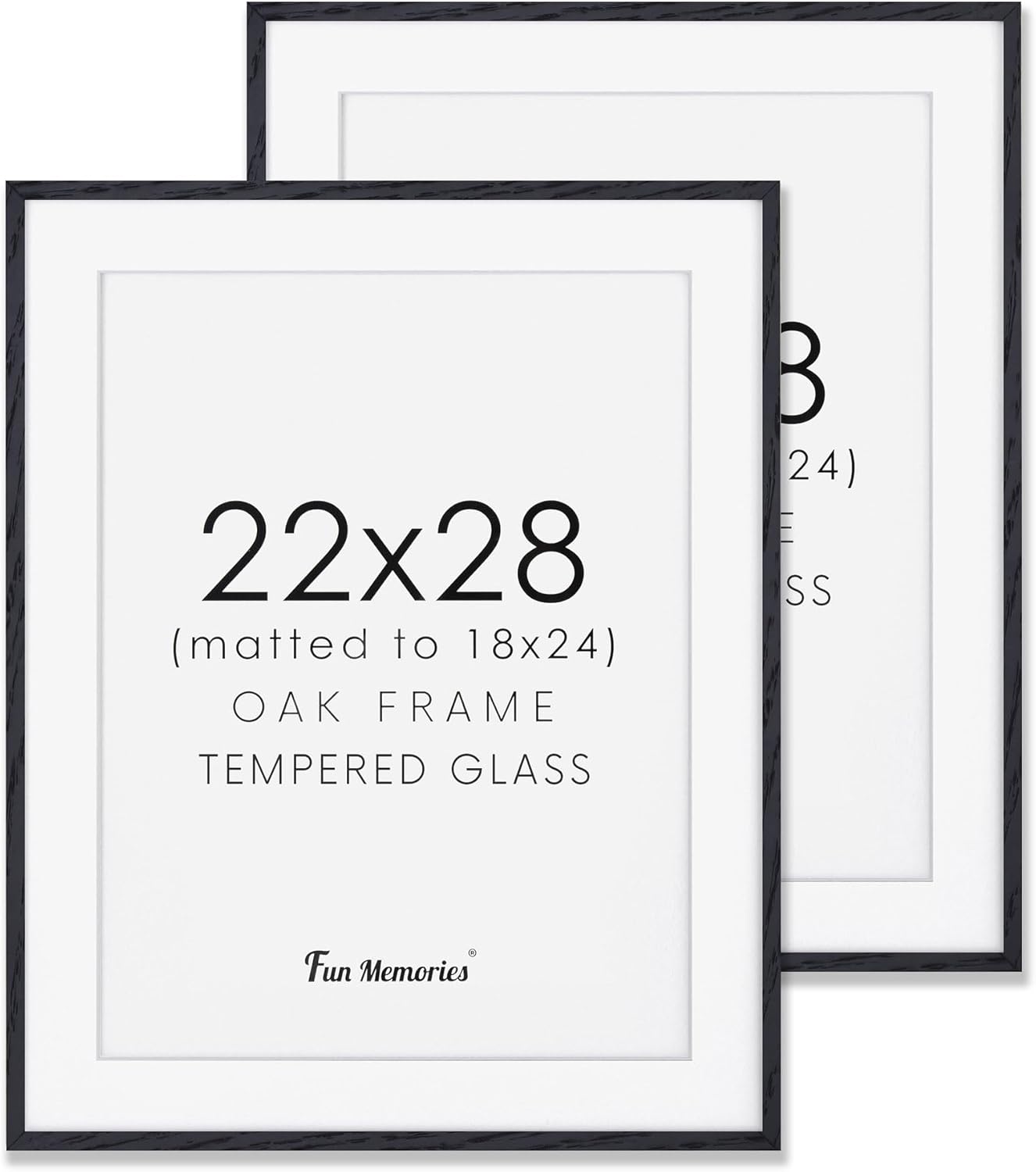 Fun Memories 22x28 Picture Frame Black 2 Pack, 22"x28" Oak Wood Frames for Wall, Rustic Poster Frames 22 x 28, 22x28 Matted Frame to 18x24, Tempered Real Glass, 22 by 28 Art Frame