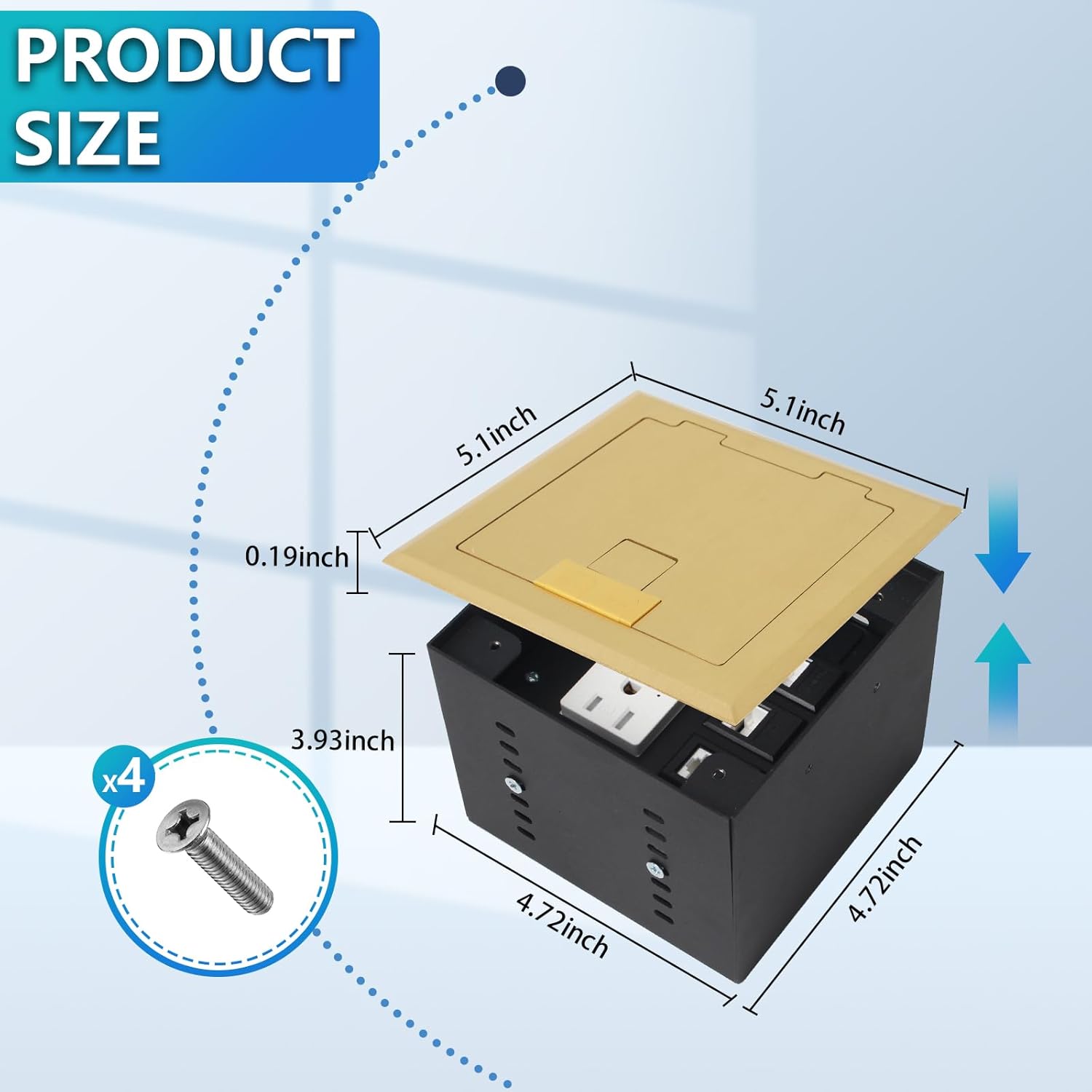KYHSHJ Recessed Flat Hidden Socket Kit with 2 * 15A Receptacle，4.8A 1 USB-A Ports &1 USB-C Port+3-Port RJ45 Datacom Receptacle. Internal Height Adjustable，Corrosive Resistant Hardware,Brass