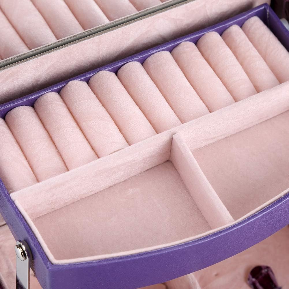 Portable Jewelry Box Organizer, Multi Layer Storage Case for Rings Earrings Necklaces, Purple PU Leather Jewelry Organizer with Mirror, 3 Drawers Travel Jewelry Box for Women Girls