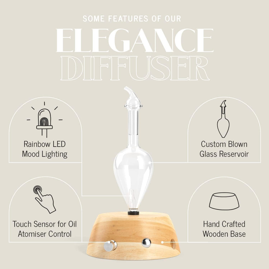 Elegance Aromatherapy Diffuser for Essential Oil, Waterless Glass Nebulizer w/Auto-Off Switch, BPA Free - Lightwood
