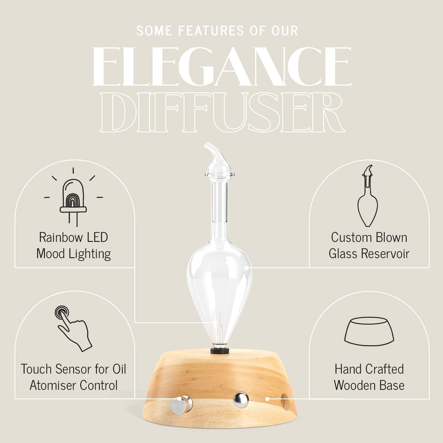 Elegance Aromatherapy Diffuser for Essential Oil, Waterless Glass Nebulizer w/Auto-Off Switch, BPA Free - Lightwood