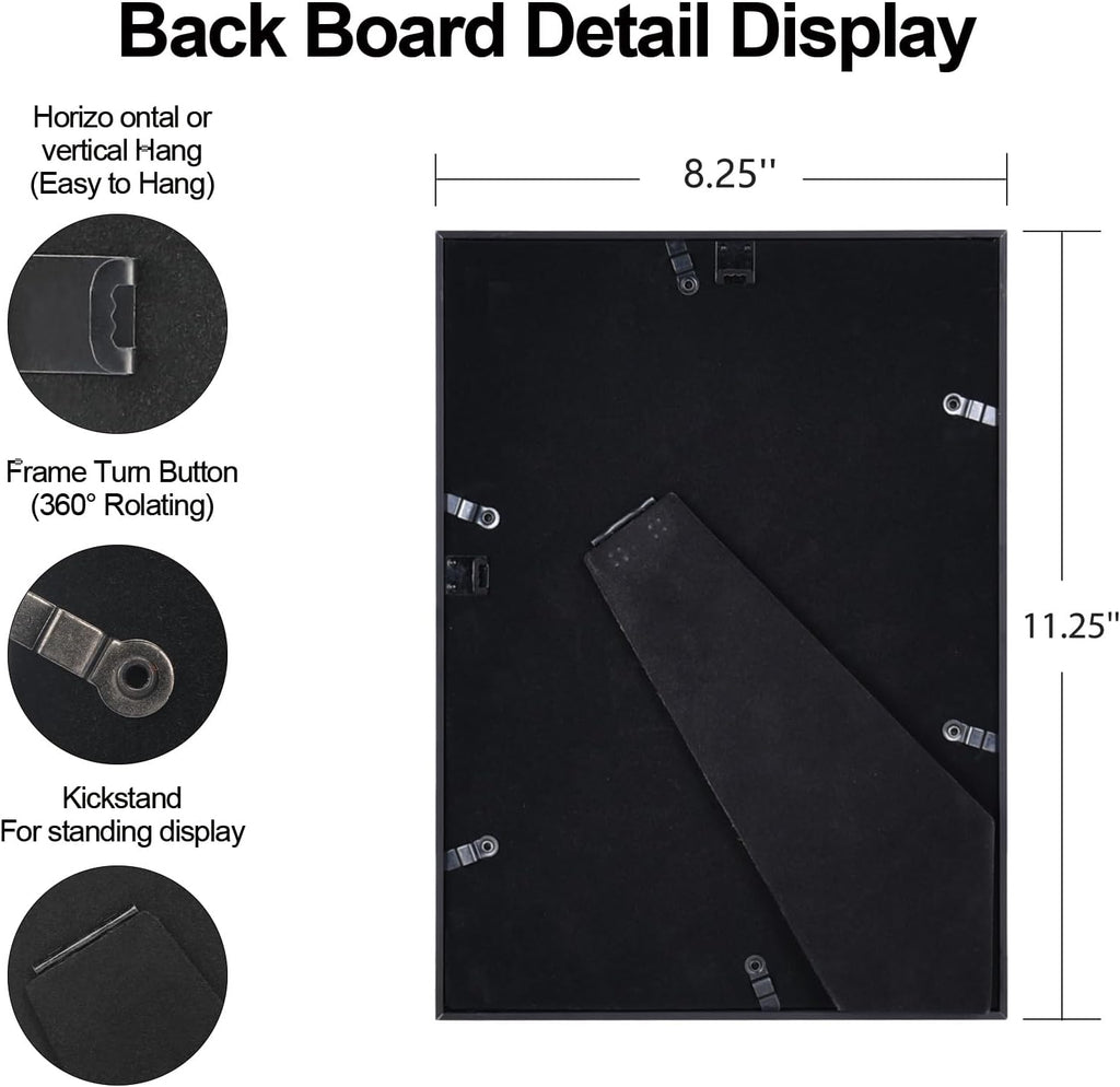 8x11 Picture Frame, Black Aluminum Metal Photo Frames with HD Glass, Fits 7x9 with Mat or 8 x 11 without Mat, Display for Wall and Table