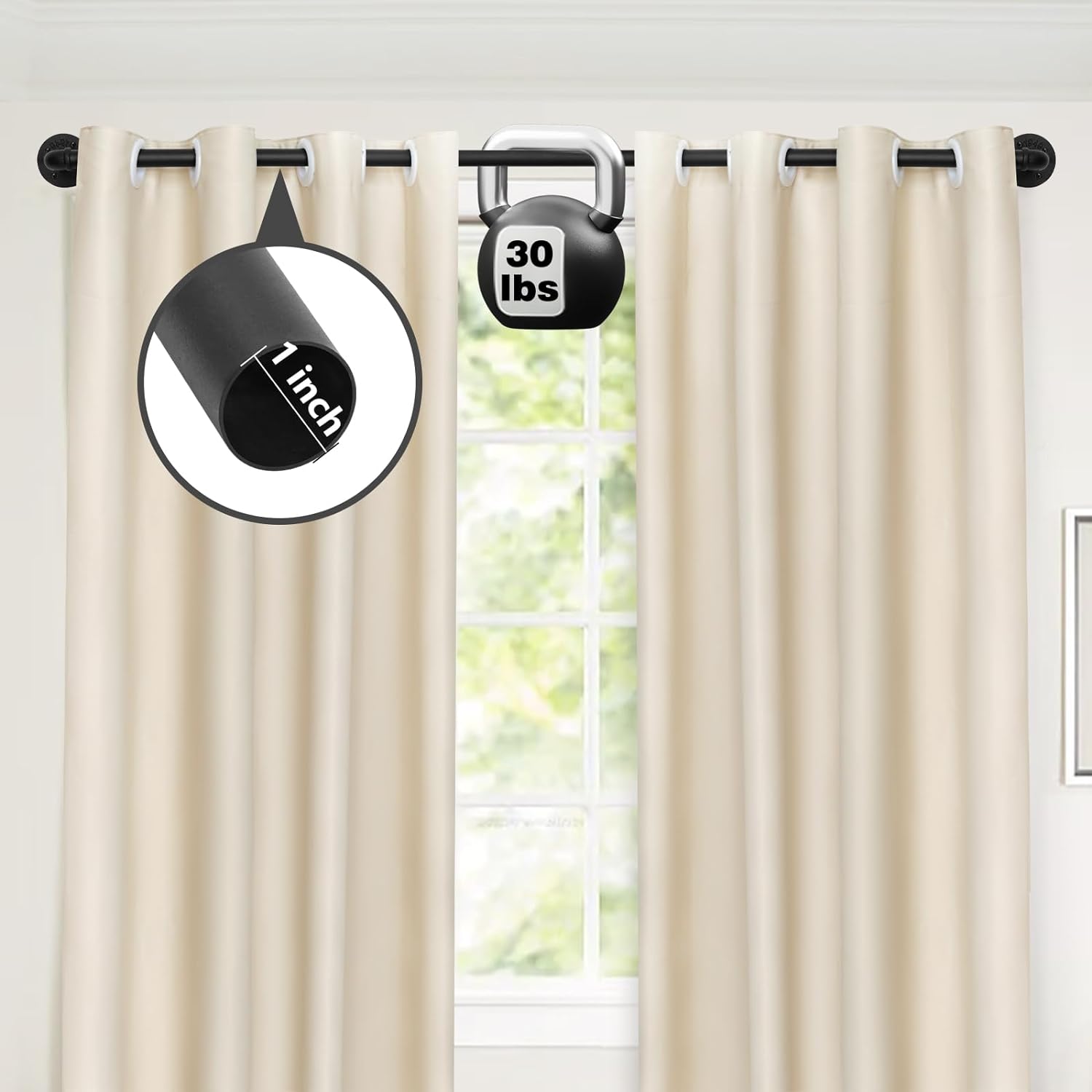 Refrze Industrial Blackout Curtain Rod, 34-48 Inch, 1 Inch Diameter, Heavy Duty, Adjustable, Wrap Around, Black