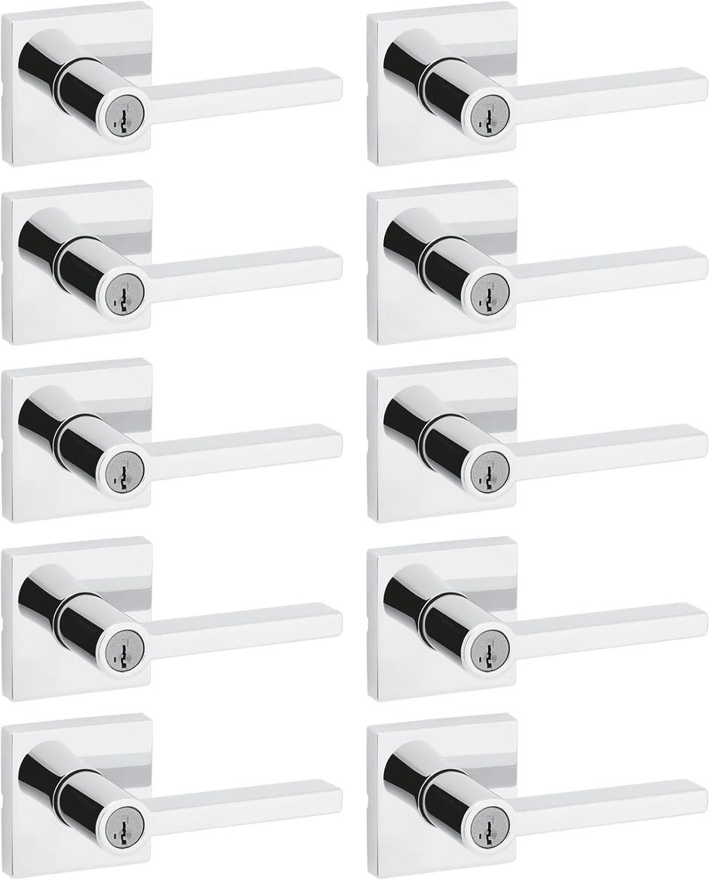 Kwikset Halifax Entry Door Handle with Lock and Key, Secure Keyed Reversible Lever Exterior, for Front Entrance and Bedrooms, Polished Chrome, 10 Pack, Pick Resistant SmartKey Rekey Security