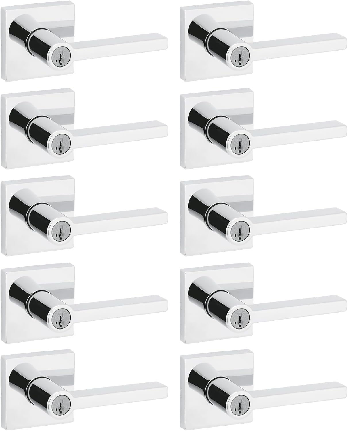 Kwikset Halifax Entry Door Handle with Lock and Key, Secure Keyed Reversible Lever Exterior, for Front Entrance and Bedrooms, Polished Chrome, 10 Pack, Pick Resistant SmartKey Rekey Security