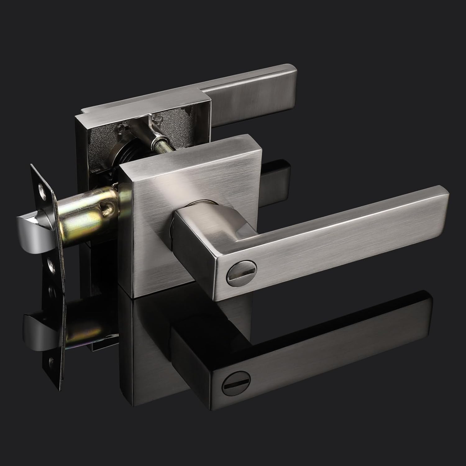 Probrico Interior Brushed Nickel Door Handle, Heavy Duty, Flat Square Privacy Door Handles, Keyless Door Levers Lockset for Bedroom and Bathroom (3 Pack, Modern)