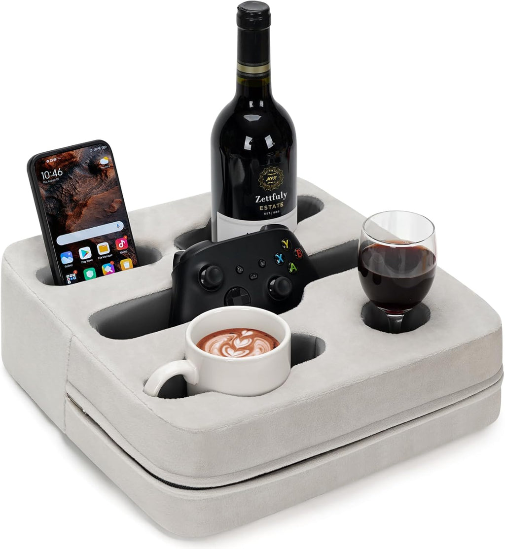 Couch Cup Holder Pillow - Sofa Cup Holder | Couch Caddy, Couch Drinks Remotes Holder for Cups, Headphones, Snacks, and Phones | Use it on Car, Pack, Beach, RV, and More(Silvergrey)
