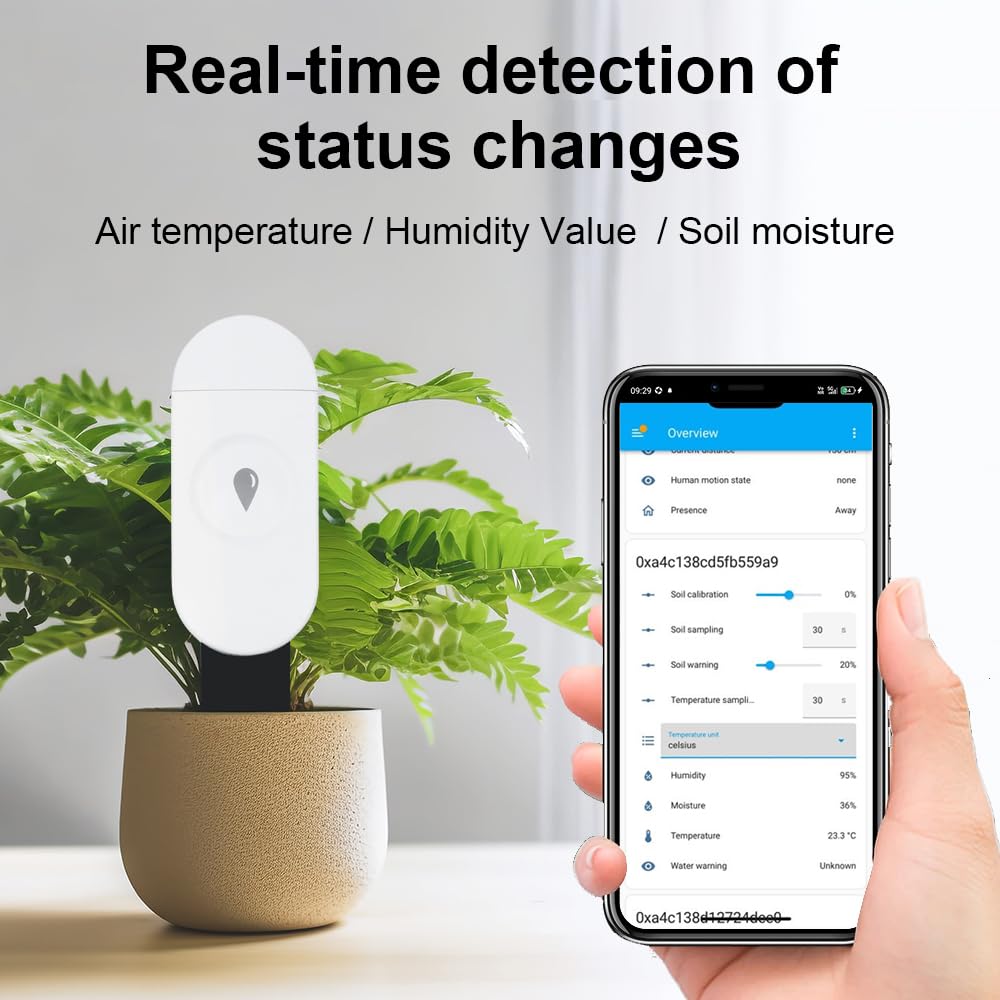 Haozee Intelligent Soil Moisture Sensor, Zigbee Hub Required, Capacitive Sensor, Humidity/Temperature Meter for Garden Planting, Compatible with Home Assistant Zigbee2mqtt
