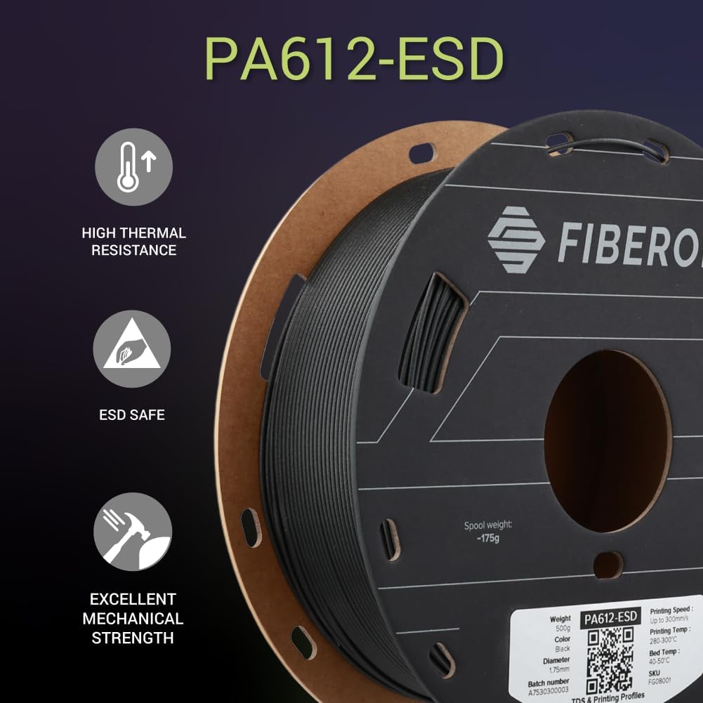 Polymaker Fiberon PA612-ESD 3D Printer Filament 1.75mm 0.5kg, ESD-Safe Carbon Fiber Nylon, Heat Resistant to 150°C, Chemical Resistant, Industrial Grade Strength, PCB Fixtures, Electronics Housings