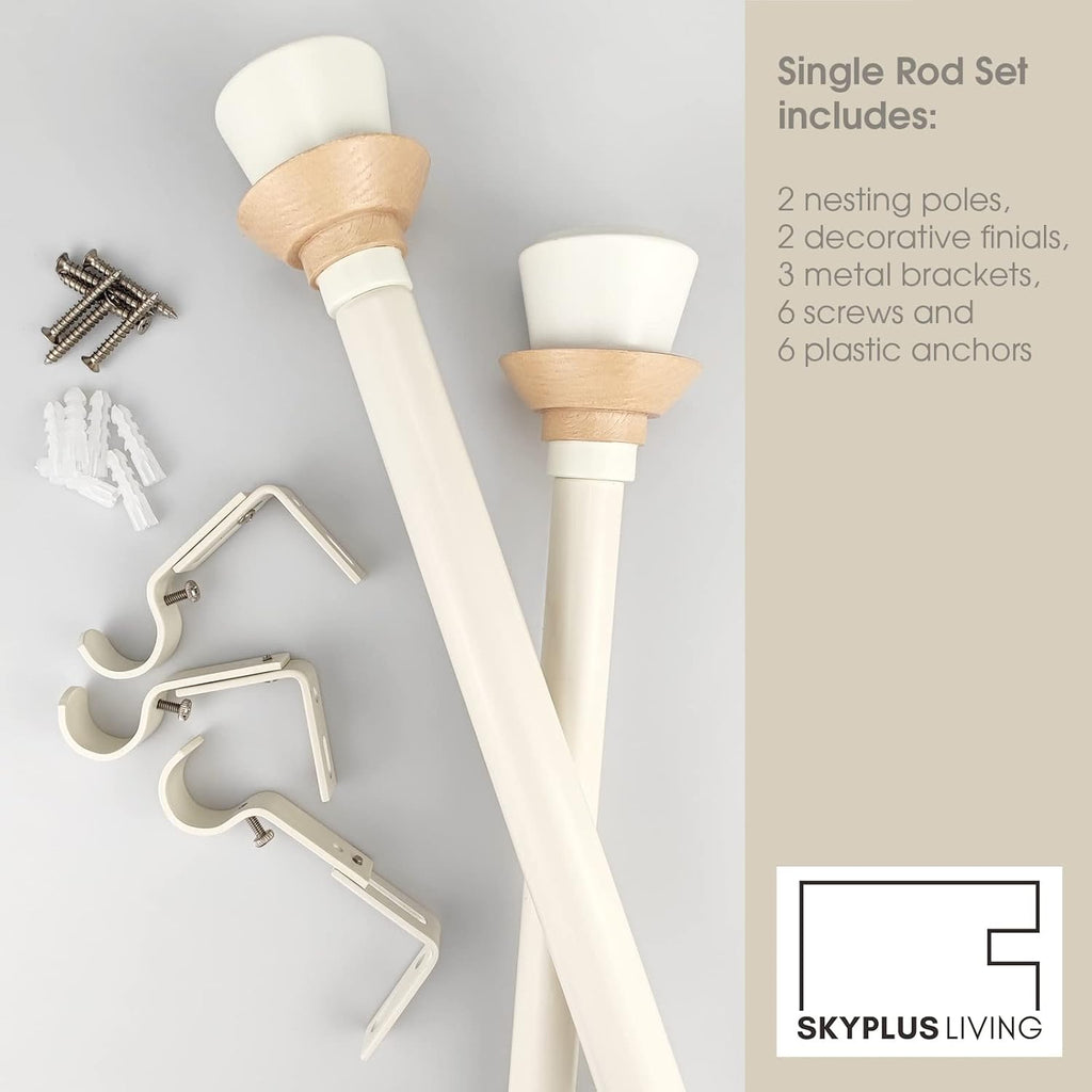 Nordic Style White Single Curtain Rod Set with Decorative Finials, 36-72 inch, Standard Single Drapery Rod for 1 Pack, 1 Inch diameter, Adjustable Length (36-72'', White)