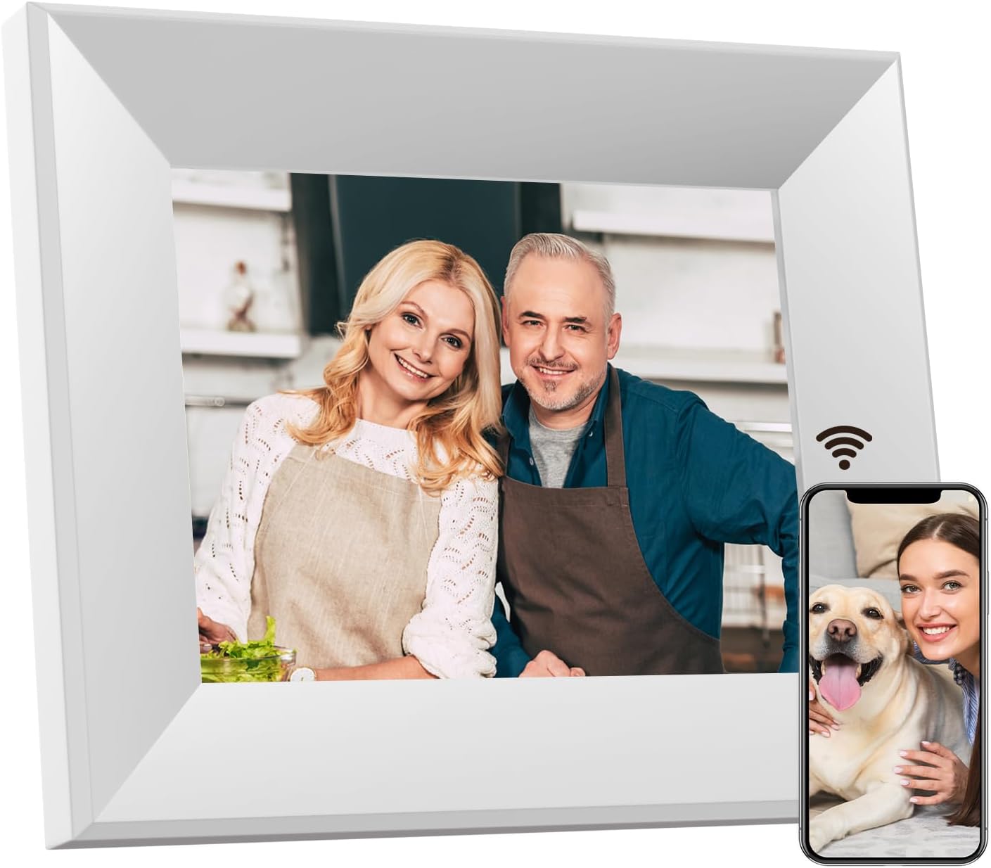 8-Inch Digital Picture Frame with WiFi, Wood Finish Frame Smart Photo Frame HD IPS Touch Screen with 16GB Storage – Easy Photo & Video Sharing from Anywhere – Ideal Gift for Family, White
