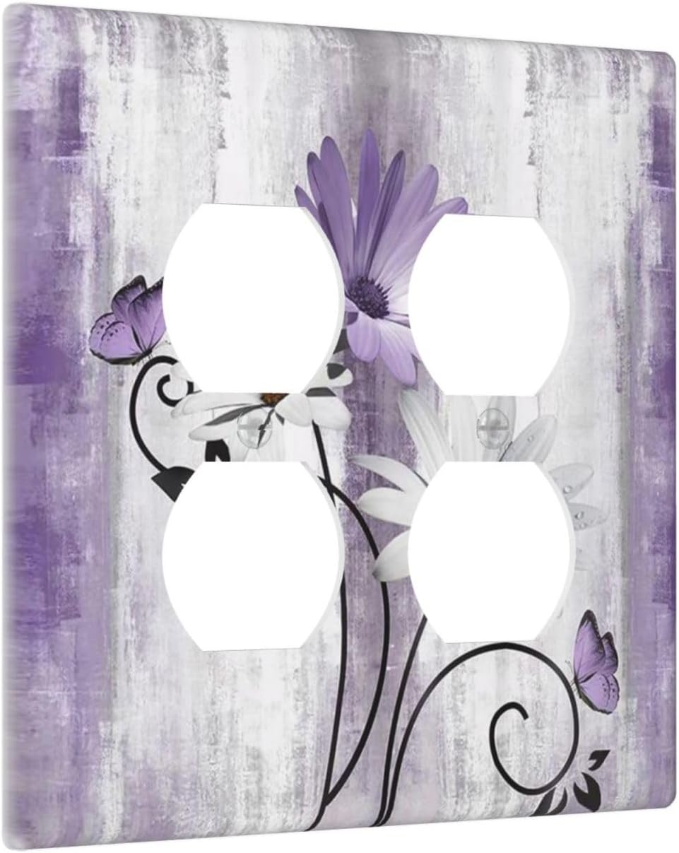 Decorative Outlet Covers Rustic Purple Daisy Grey Flowers 2 Gang Wall Plate Cover Double Duplex Receptacle Two Switch Light Switch Cover Plate Jumbo Dual Faceplate for Home Decor