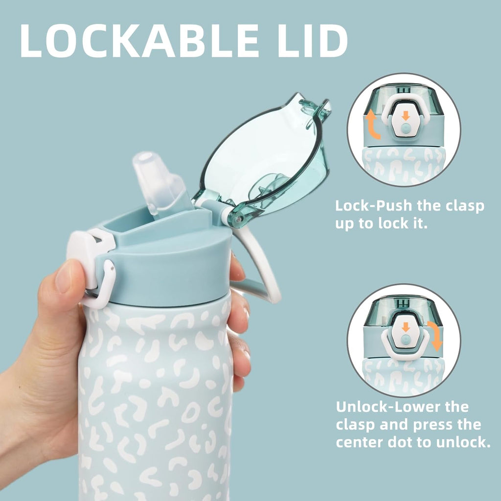 Insulated Water Bottle with Straw and Carry Loop,18 oz Stainless Steel Double Wall Vaccum Metal Water Flask with Leak-proof Lid,Light Blue Leopard