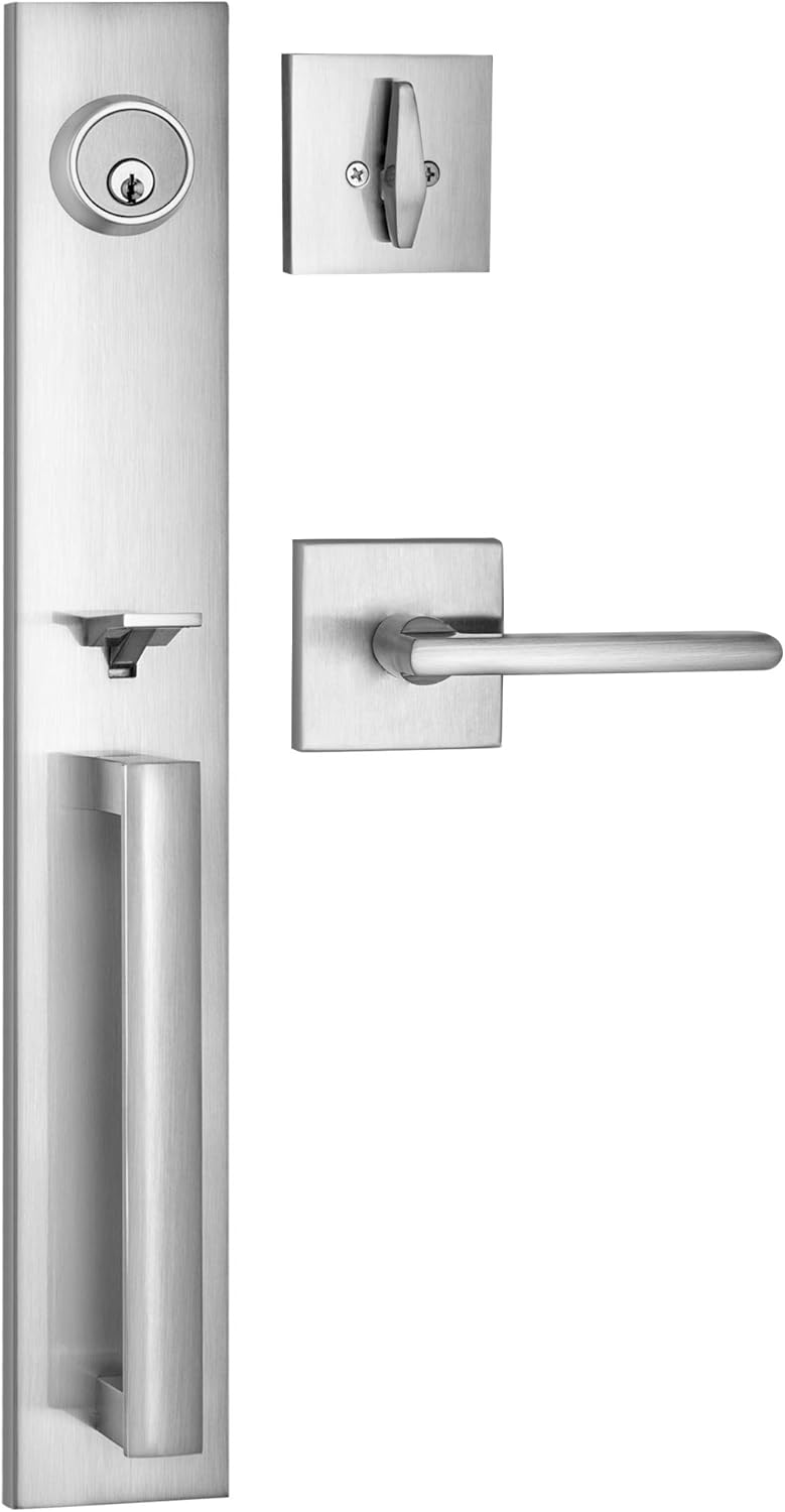 Berlin Modisch Full Escutcheon HandleSet Front Door Entry Handle and Deadbolt Lock Set Slim Square Single Cylinder Deadbolt and Lever Heavy Duty – Satin Nickel Finish