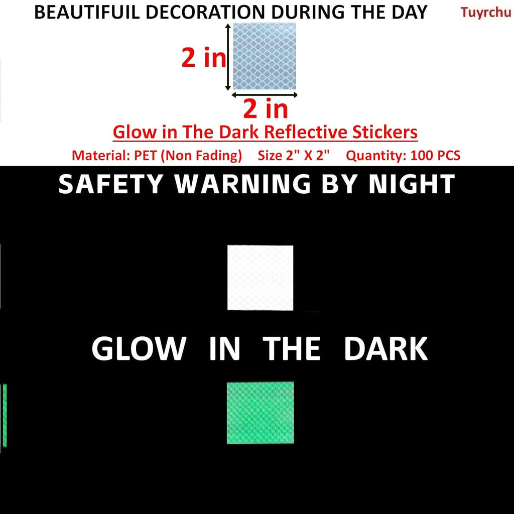 Glow in The Dark Reflective Stickers 2 inch X 2 inch for Car, High Visibility Warning Safety Reflective Strips (100 Pcs)