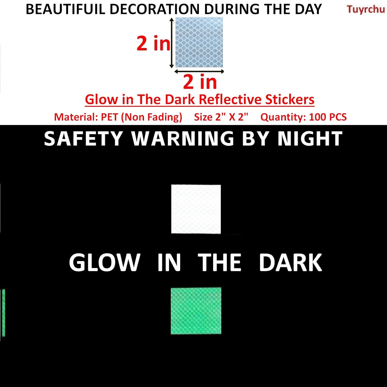 Glow in The Dark Reflective Stickers 2 inch X 2 inch for Car, High Visibility Warning Safety Reflective Strips (100 Pcs)