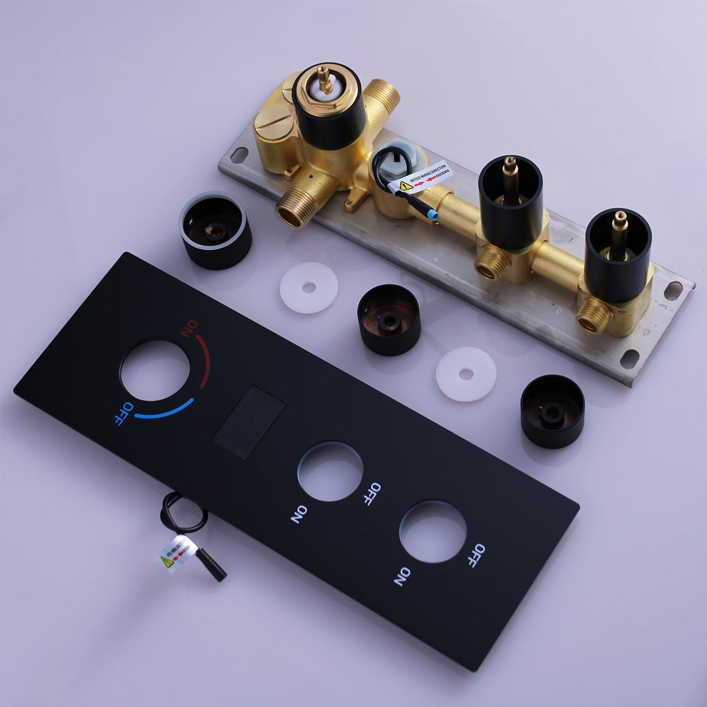 2 Way Shower Diverter Valve Brass 2 Functions Digital Temperature Display Thermostatic Shower Mixing Valve Kit 3 Handle Flow Cotrol Valve, Can Run Simultaneously Matte Black
