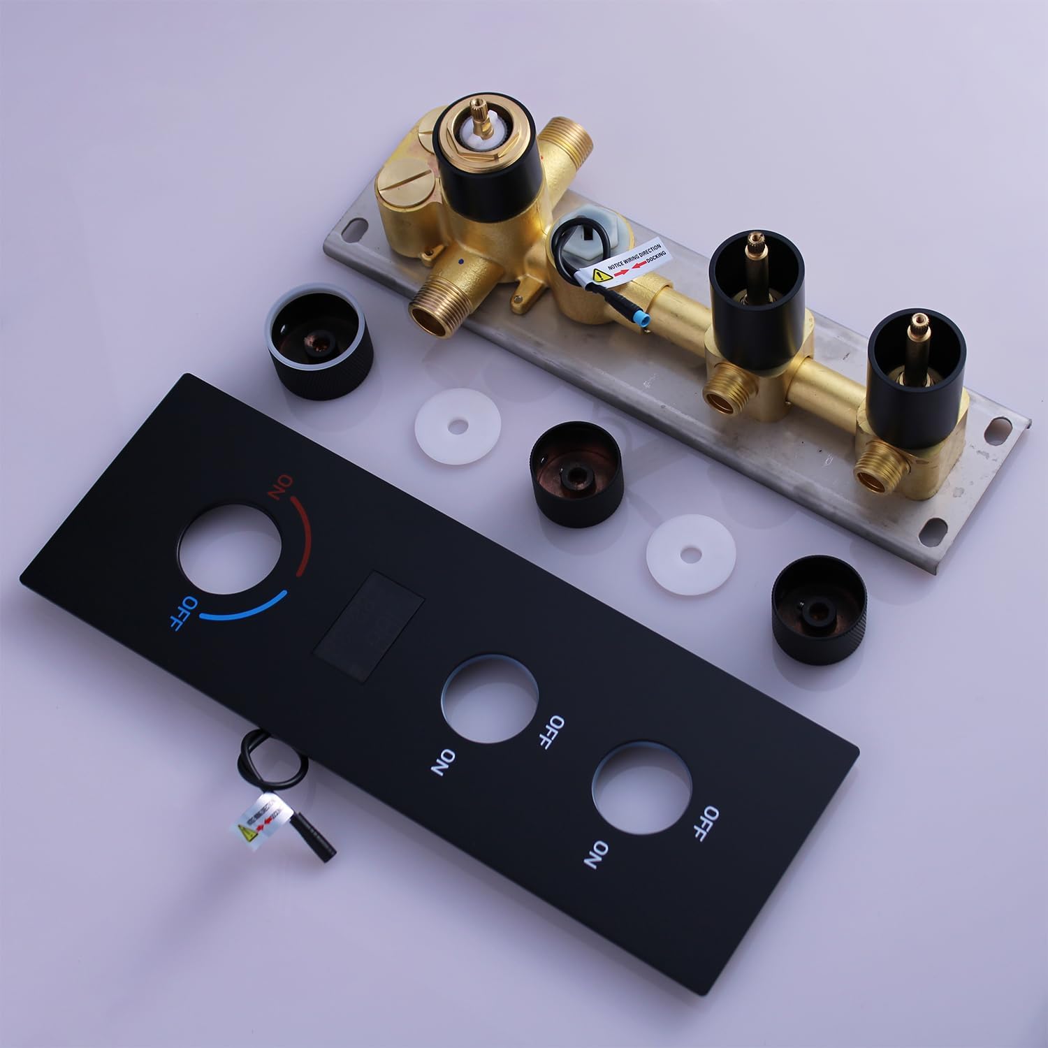 2 Way Shower Diverter Valve Brass 2 Functions Digital Temperature Display Thermostatic Shower Mixing Valve Kit 3 Handle Flow Cotrol Valve, Can Run Simultaneously Matte Black