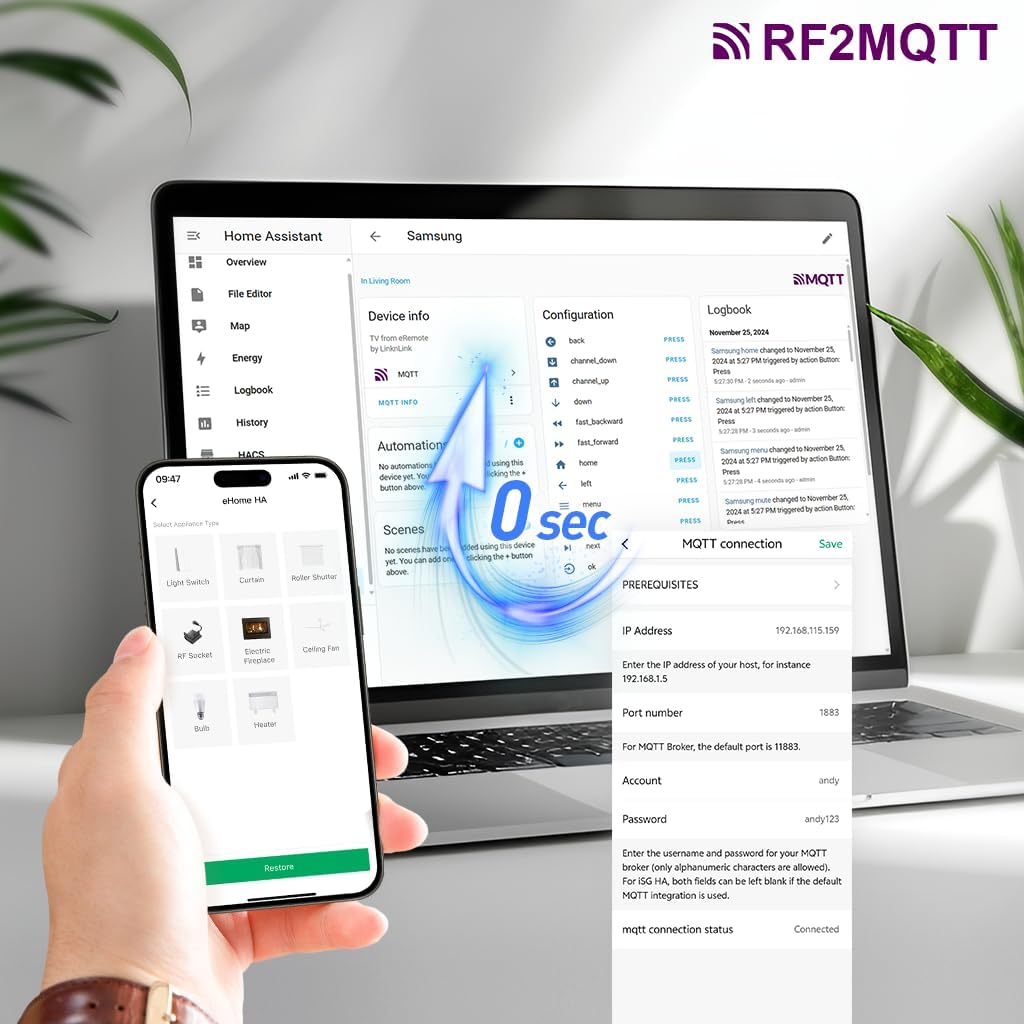 eHome Wi-Fi Smart RF Universal Remote Control,RF Controller for Light Switch,Ceiling Fan,Roller Shutter Motor,RF2MQTT Home Assistant,Compatible with Alexa,Google Home