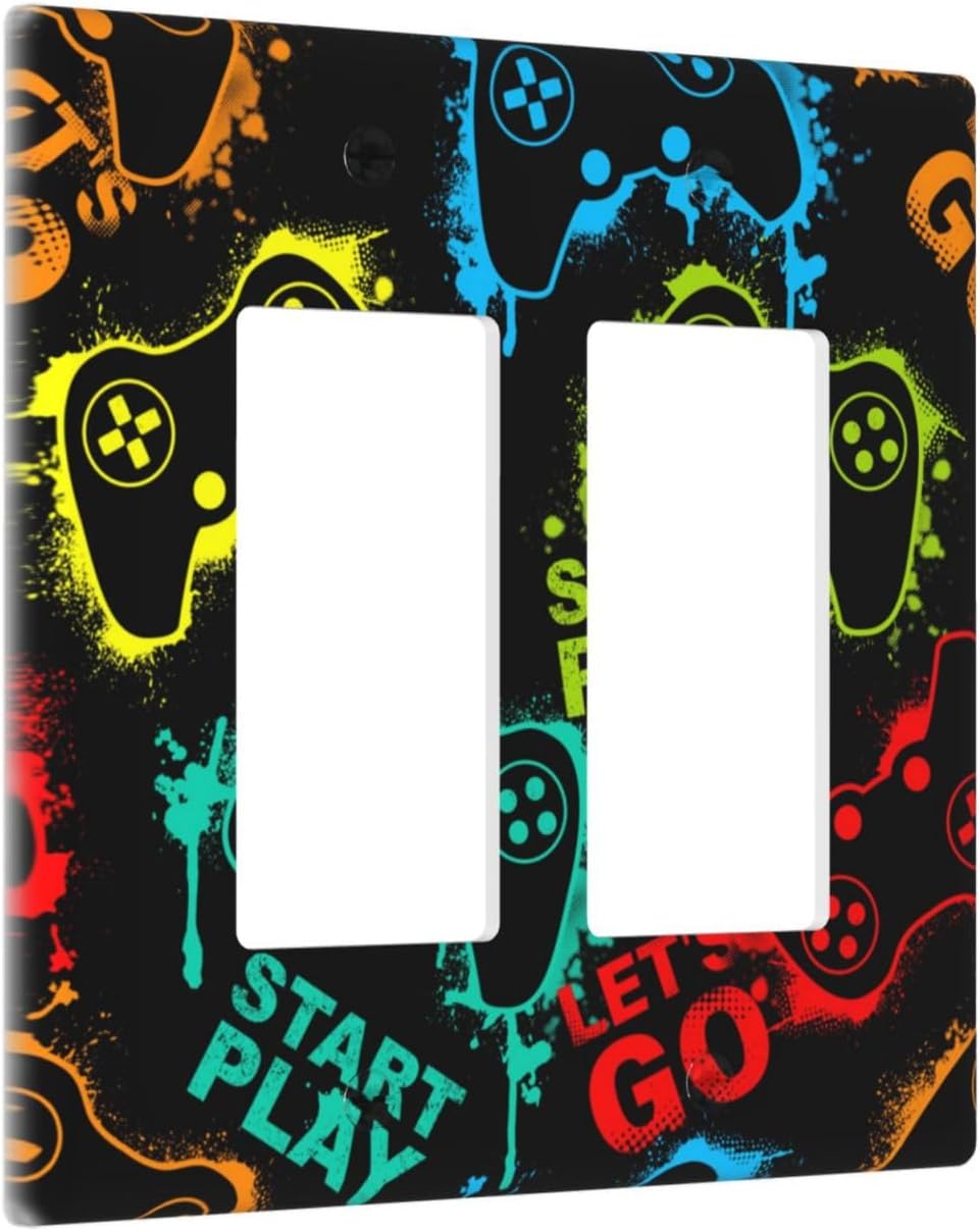 Decorative Outlet Covers Gamepad Theme Graffiti 2 Gang Light Switch Cover Plate Double Rocker Wall Plate Switch Plate Covers Faceplate for Game Room Bedroom Decor （2 Pack）