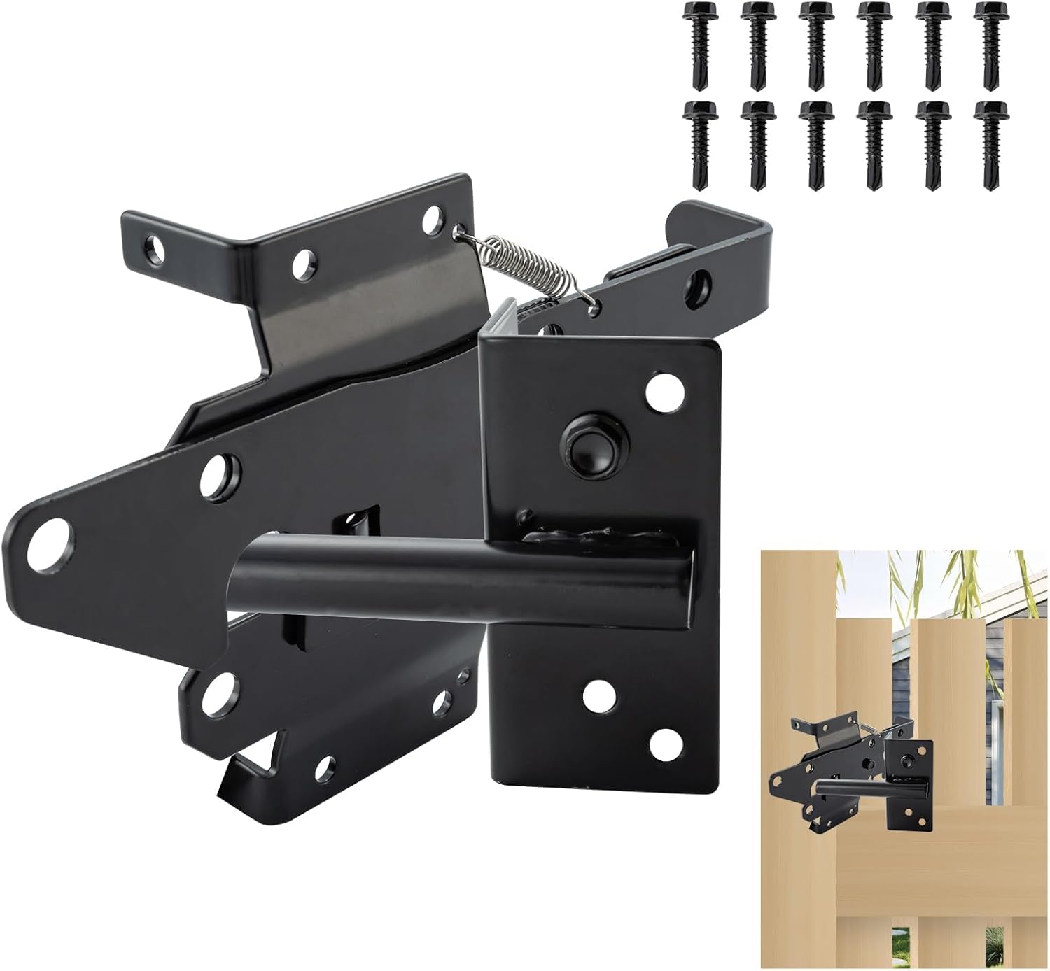 HOME MASTER HARDWARE Heavy Duty Self-Locking Gate Latch for Wooden Fence, Post Mount Automatic Gate Lock, Fence Gate Latch for Pool/Outdoor Garden/Vinyl, Black Finish