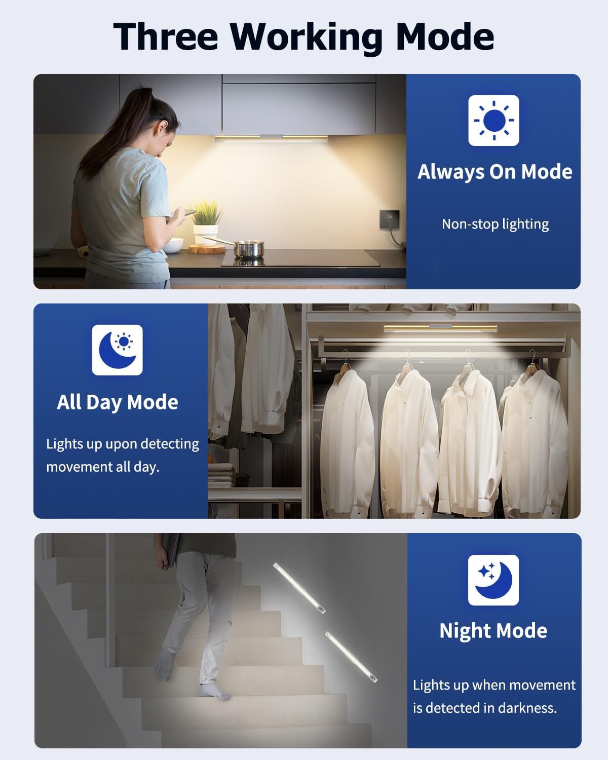 64 LED Under Cabinet Lights, 3 Color Dimmable Motion Sensor Indoor Closet Lights, 3600mAh Rechargeable Under Counter Light for Kitchen, 14 Inch Wireless Battery Operated Night Lighting