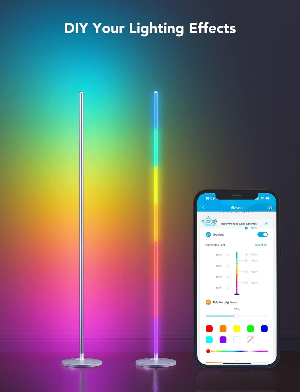 Govee RGBIC Floor Lamp, LED Corner Lamp Works with Alexa, Smart Modern Floor Lamp with Music Sync and 16 Million DIY Colors, Color Changing Standing Lamp for Bedroom Living Room Silver