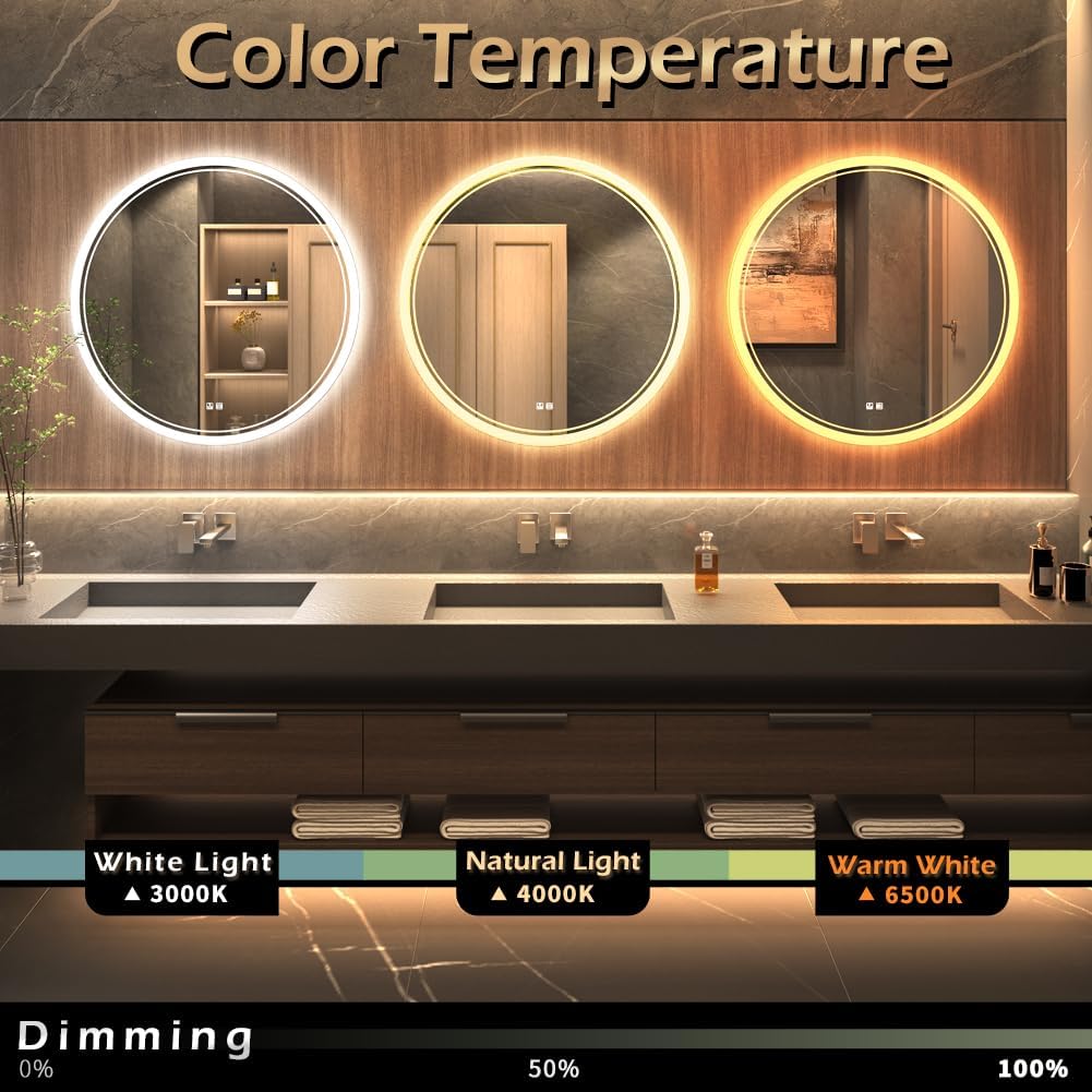 KWW Round Mirror Bathroom LED Lighted Mirror, Illuminated Dimmable Anti-Fog Wall-Mounted Makeup Vanity Mirror with Lights (23.5" L x 23.5" W)