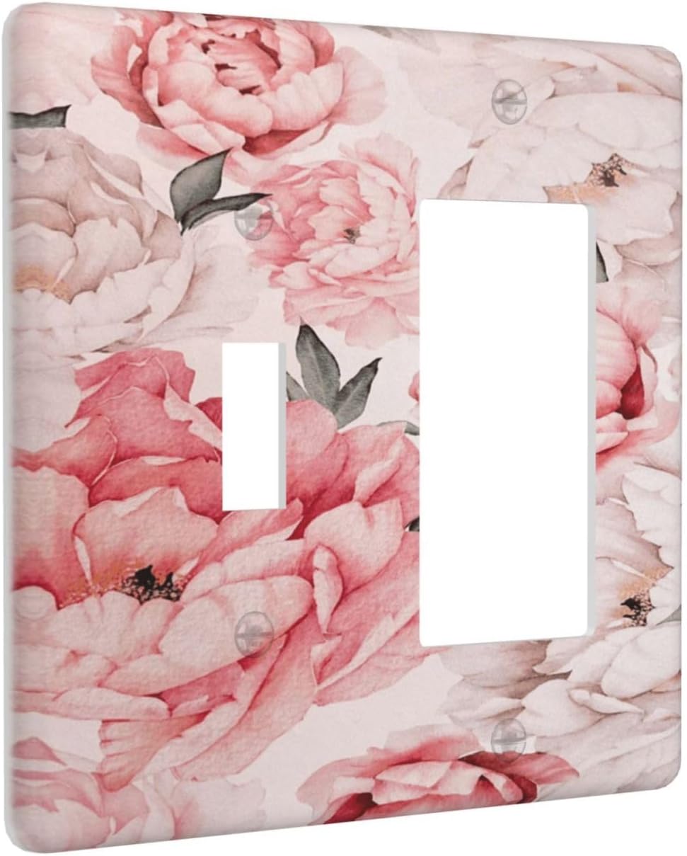 Decorative Outlet Covers Ink Pink Peony Flower Rustic Floral 2 Gang Wall Plate Single Toggle 1 Rocker Light Switch Cover Switch Plate Covers Faceplate for Home Bedroom Decor