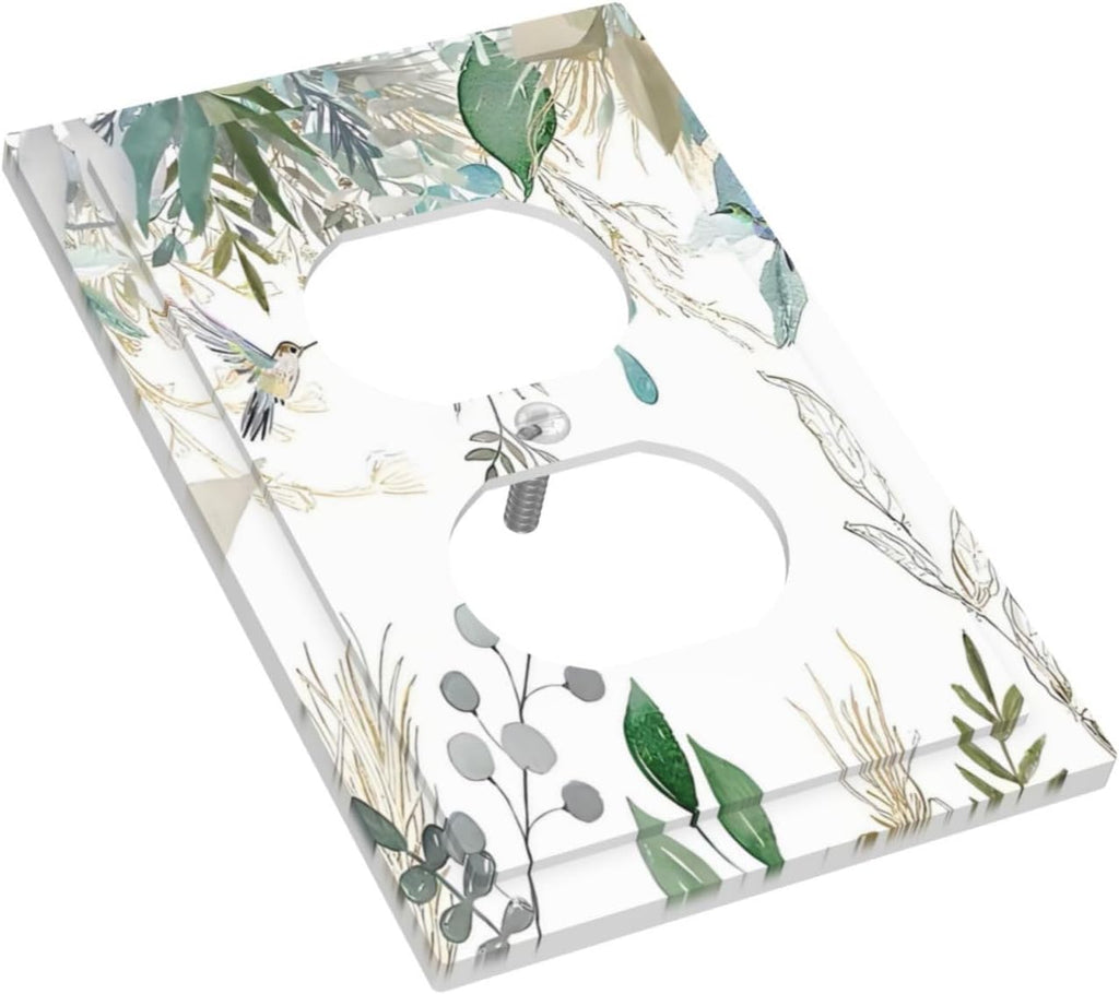 Green Tropical Palm Leaves Flower Plants Hummingbird Outlet Covers 1 Gang Duplex Light Switch Cover Decorative Switch Plates Electrical Receptacle Faceplate Wall Plate for Bed Room Living Room Decor