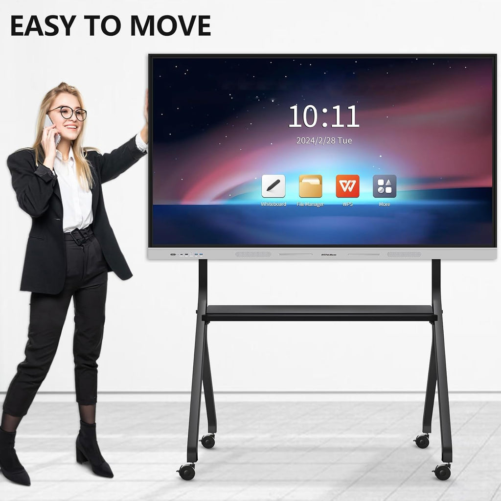 Smart Board Stand for 55-75 Inch Electronic Whiteboard Screens, Lockable Wheels, Portable Design for Classroom, Home, Office