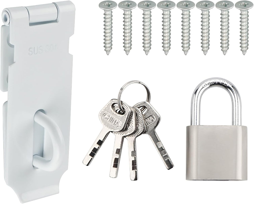 Alise Door Lock Hasp Latch with Padlock,4 Inch SUS 304 Stainless Steel Safety Packlock Clasp Hasp Lock Latch, with Fixing Screw for External Doors Window Cabinet Pet Cage, White Finish,MST009-W