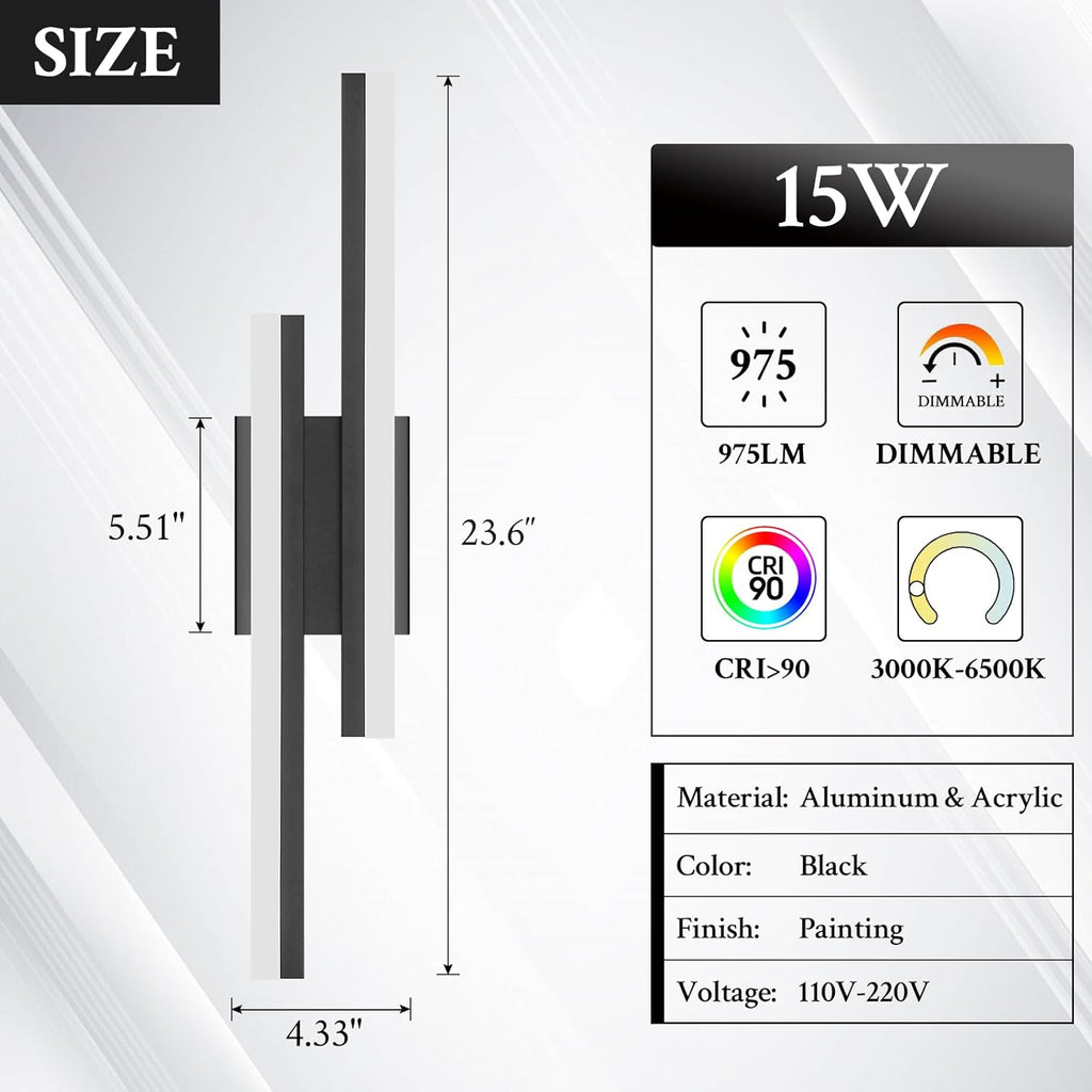 LED Wall Sconce Set of 2 Black Remote Modern LED Vanity Lights Set of 2 Indoor Wall Light Fixtures for Living Room, Dimmable Wall Sconce for Bedside Bedroom Bathroom, 23.6inch 2 Pack