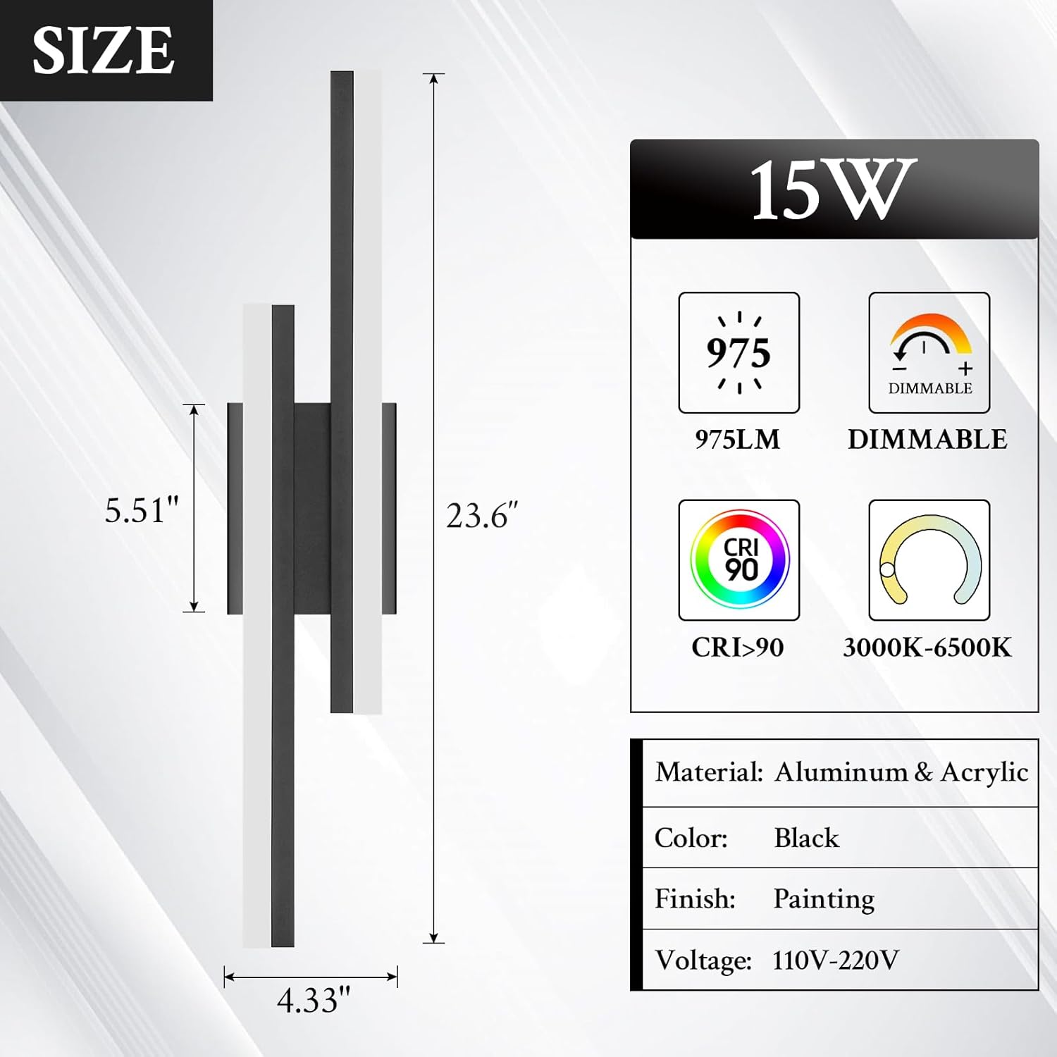 LED Wall Sconce Set of 2 Black Remote Modern LED Vanity Lights Set of 2 Indoor Wall Light Fixtures for Living Room, Dimmable Wall Sconce for Bedside Bedroom Bathroom, 23.6inch 2 Pack