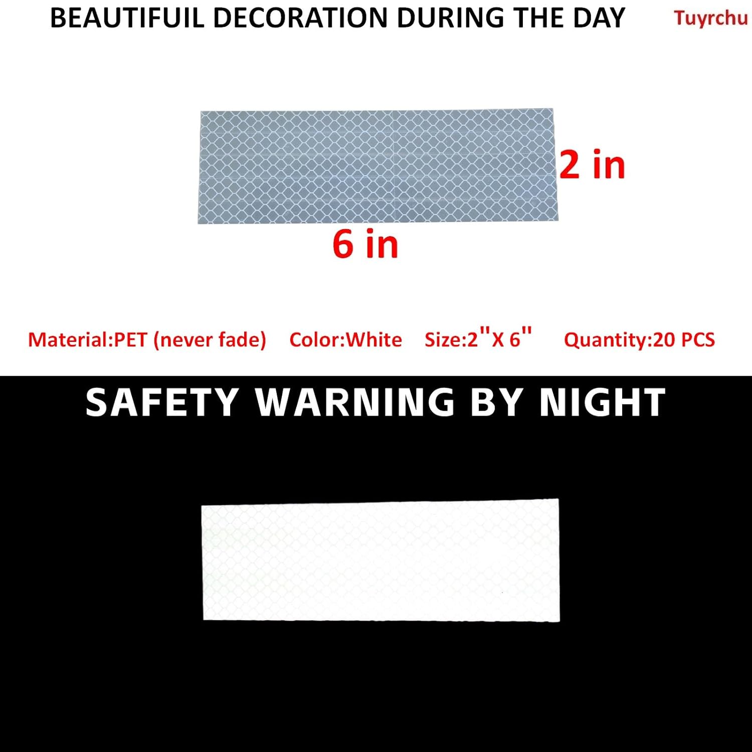 Non Fading White Reflective Stickers 2 inch X 6 inch, Outdoor Waterproof High Visibility Warning Safety Adhesive Reflector Tape (20 Pcs)
