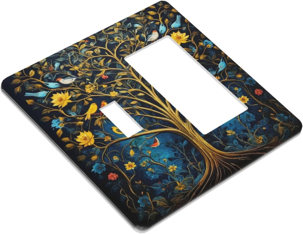 Gold Tree With Birds Flowers on Branches Light Switch Covers 2 Gang Single Toggle Rocker Combination Wall Plate Cover Electrical Faceplate Decorative Switchplate for Farmhouse Living Decor