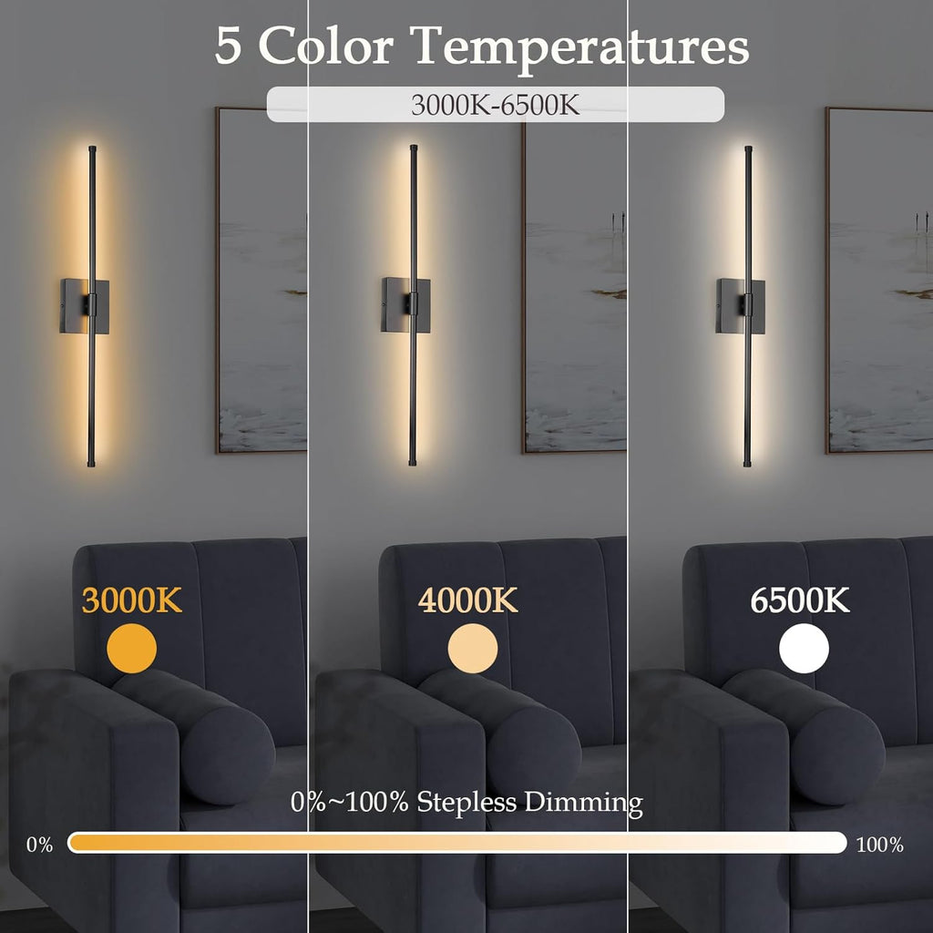LED Wall Sconces with Remote Control, Dimmable Wall Sconces Set of Two, 5 Colors 3000K-6500K & Dimmable, Hardwire Wall Light with Timer & Night Light, LED Black Wall Lamps for Living Room, Bedroom