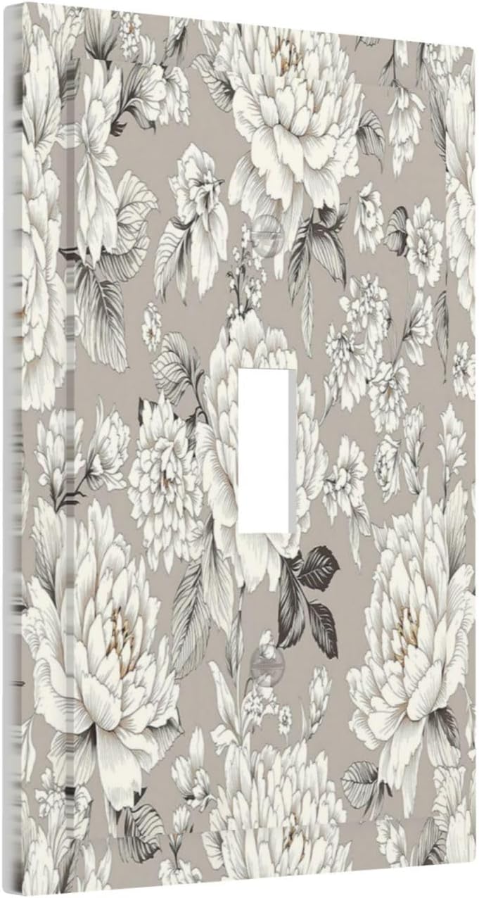 White Poppies Floral Modern Grey Peonies Flowers Decorative Light Switch Cover 1 Gang Single Toggle Decorator Outlet Wall Plate Device Electrical Faceplate Switchplates for Bedroom Bathroom