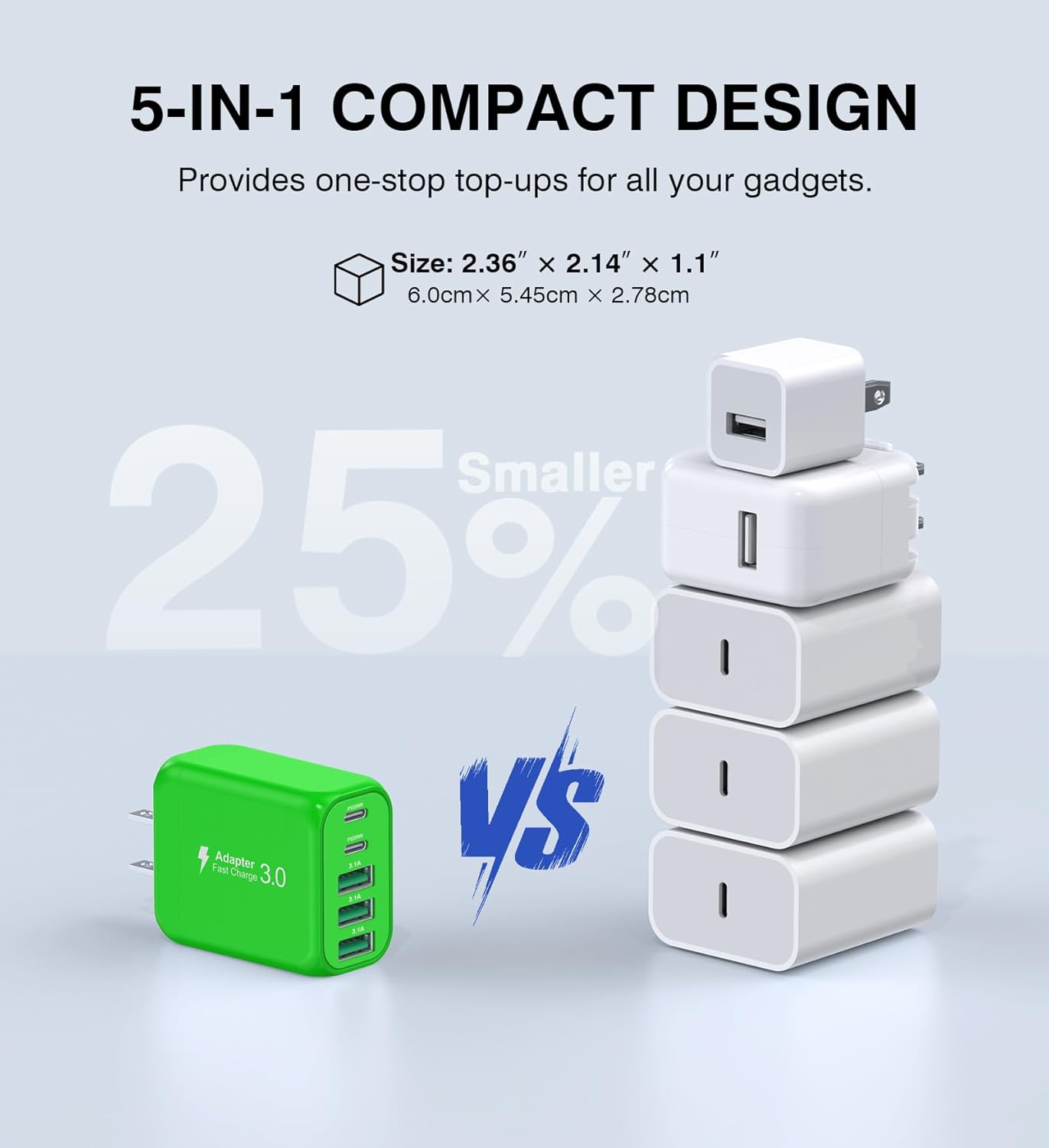 60W USB C Wall Charger Block,5-Port C Charger Fast Charging Block PD Power Adapter +QC 3.0 Multiport Type C Box Charger Cube USB A Wall Plug for iPhone 14/15/16/17 Pro Max Plus,Samsung(Green)(2-Pack)