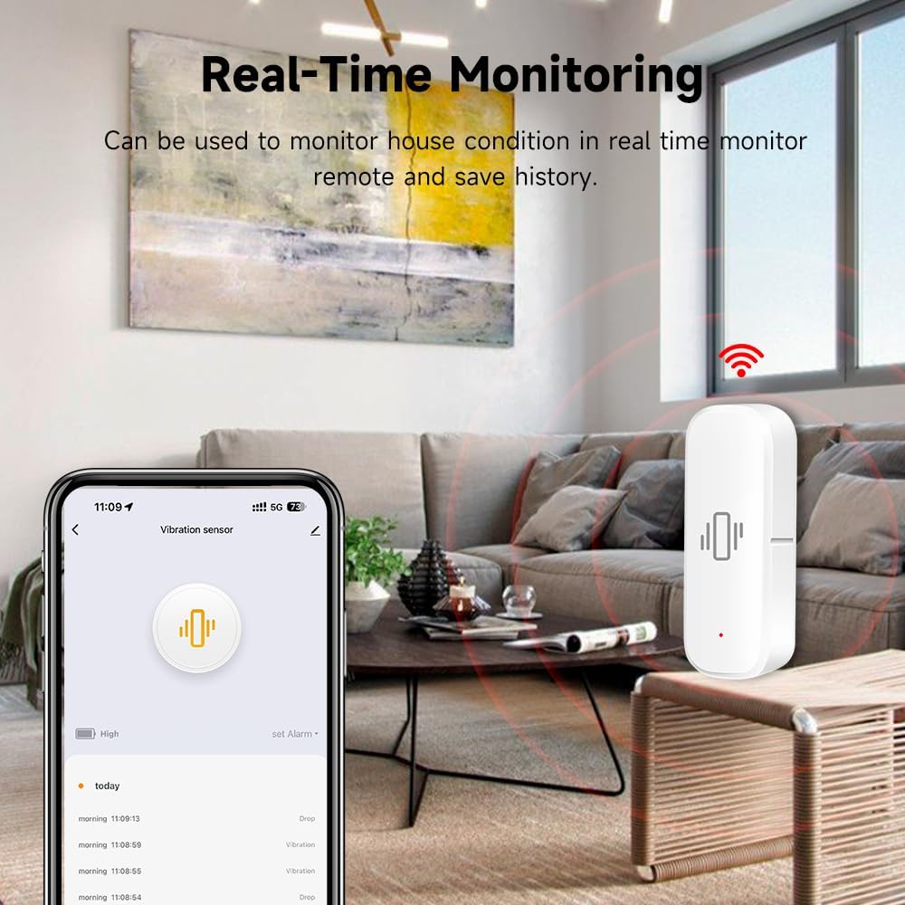 2.4G WiFi Vibration Sensor Shock Alarm Detector SmartLife/Tuya Smart App Notification for Indoor Window Security Door Alarm