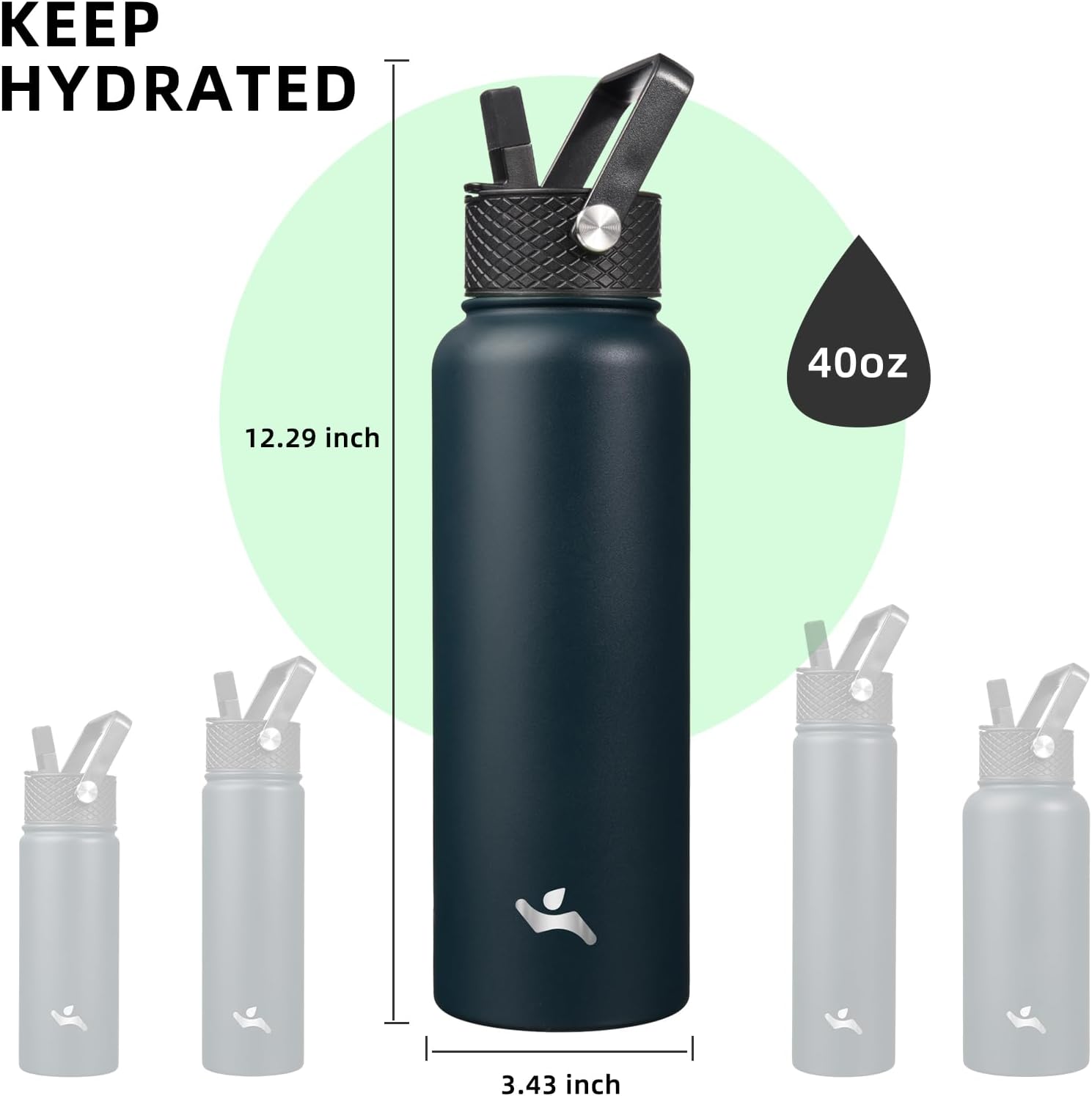 40oz Insulated Water Bottle Stainless Steel Sport Bottles with 3 Lids,Navy Blue