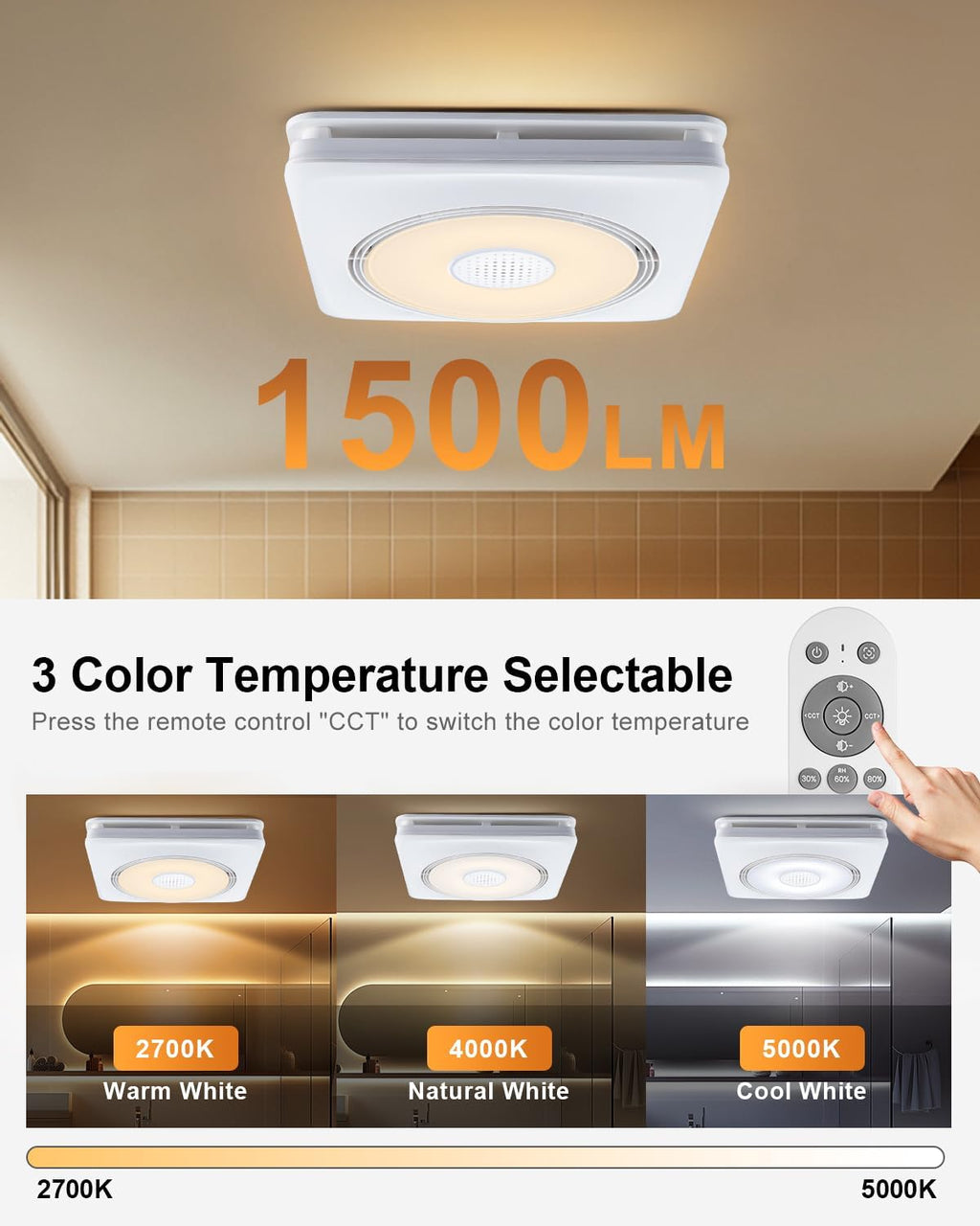 GROWNEER Powerful Oversize Bathroom Exhaust Fan with Light, 40W Bathroom Fan with Humidity Sensor, 110/160 CFM 1.0 Sone Exhaust Fan with Heater, 1800W Heating, 1500lm 2700K/4000K/5000K & Nightlight