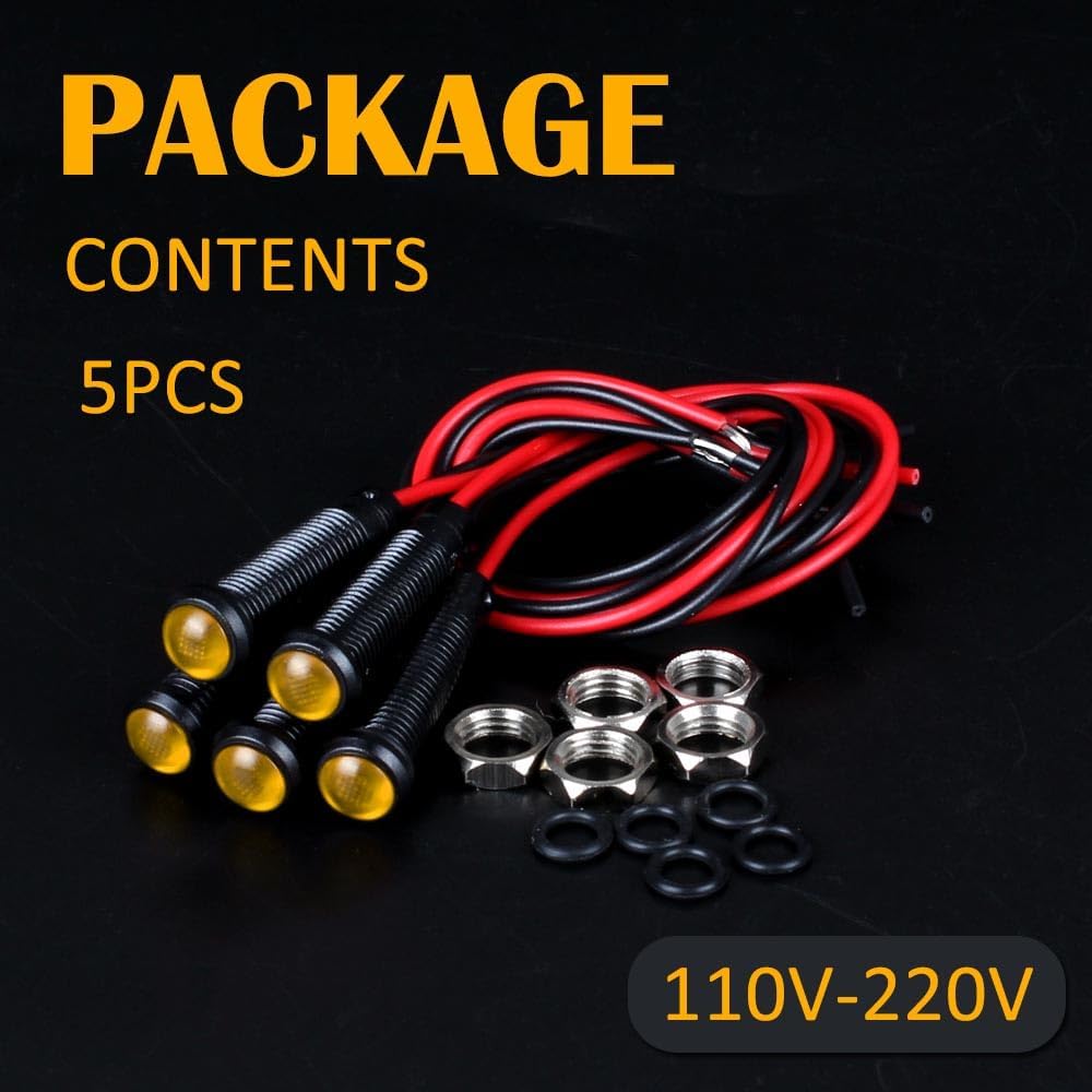5pcs 6mm LED Indicator Light Plastic Black Signal Dot Lamp 110-220VAC 1/4" Mounting Hole Size with 15cm/5.9in. Wire (Yellow LED)