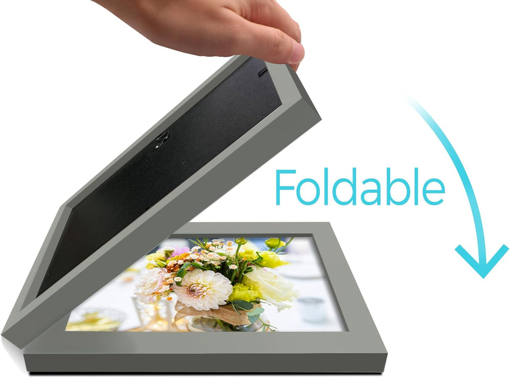 Double 5x7 Horizontal Combo, Grey Wood Picture Frame, 4.5x6.5 Opening Foldable Landscape View Photo Frame on Table-top or Wall