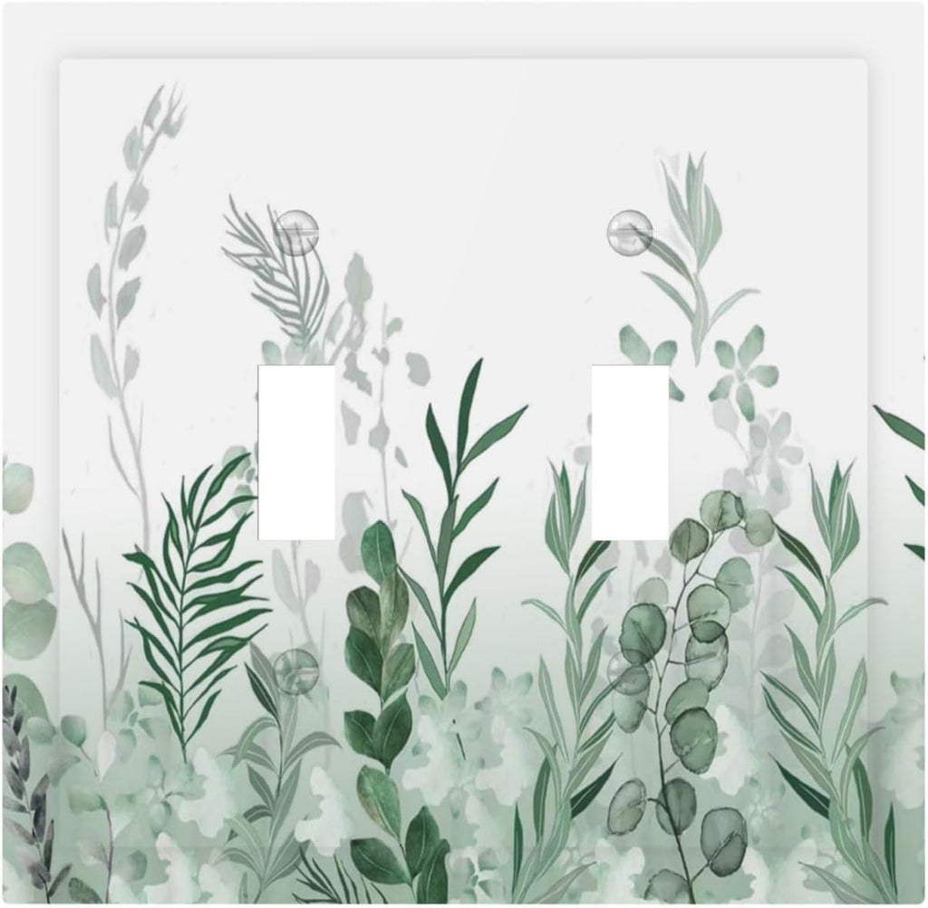 Watercolor Green Leaf Rustic Plant Eucalyptus Flowers Decorative Switch Plates 2 Gang Double Toggle Outlet Light Switch Cover Wall Plate Electrical Faceplate for Bed Room Living Room Decor