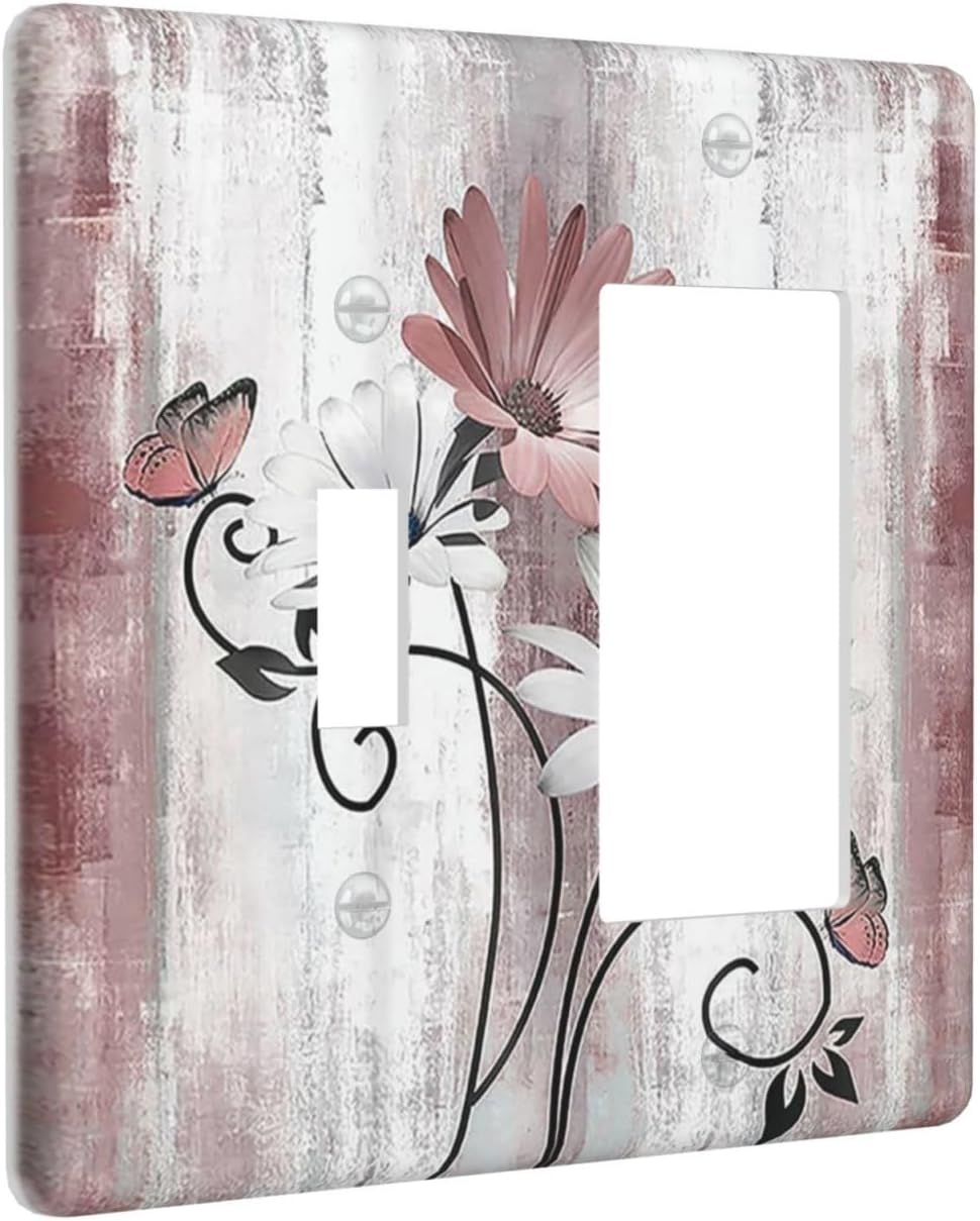 Outlet Covers Pink White Daisy Butterfly Wood Grain 1 Toggle 1 Rocker Combination Decorative Wall Plate Electrical Switch Plates Light Switch Cover Plate for Farmhouse Bathroom Decor