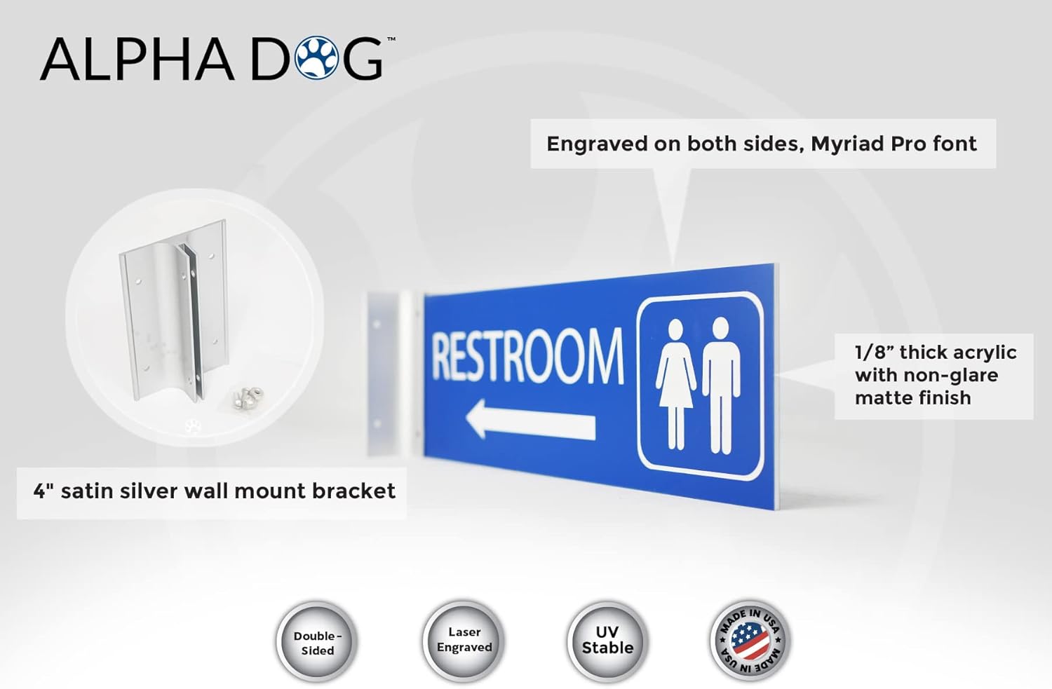 ALPHA DOG SIGNS Corridor Projecting Hallway Bathroom Sign, Left Arrow, 4"x12" Double Sided, Indoor/Outdoor, Easy Install, Durable Business Wayfinding Plaque, USA-Made (Blue)