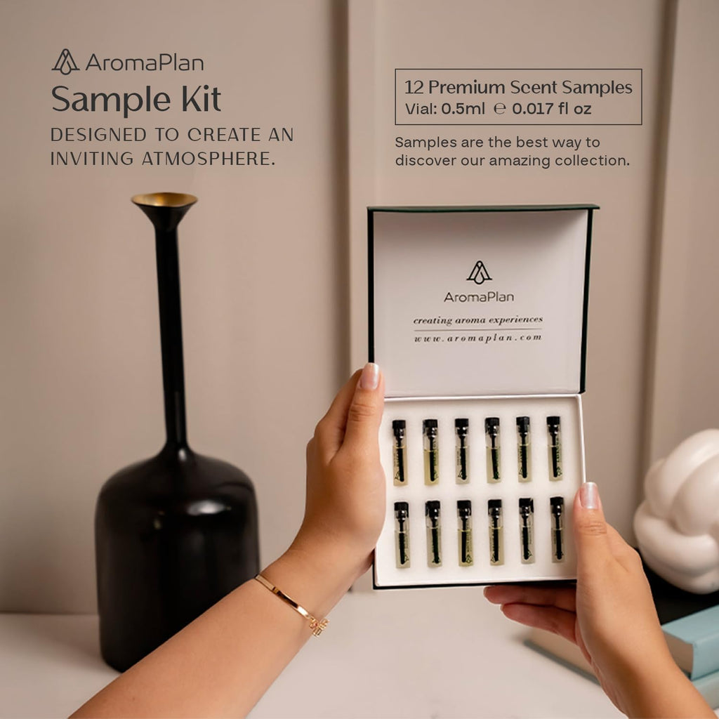AromaPlan Hotel Scents Bamboo Air 5 Fl Oz (148ml) & Sample Set with Top 12 Fragrances -Home Luxury Aroma & Hotel Fragrance Diffuser Oil for Aromatherapy, USA Made